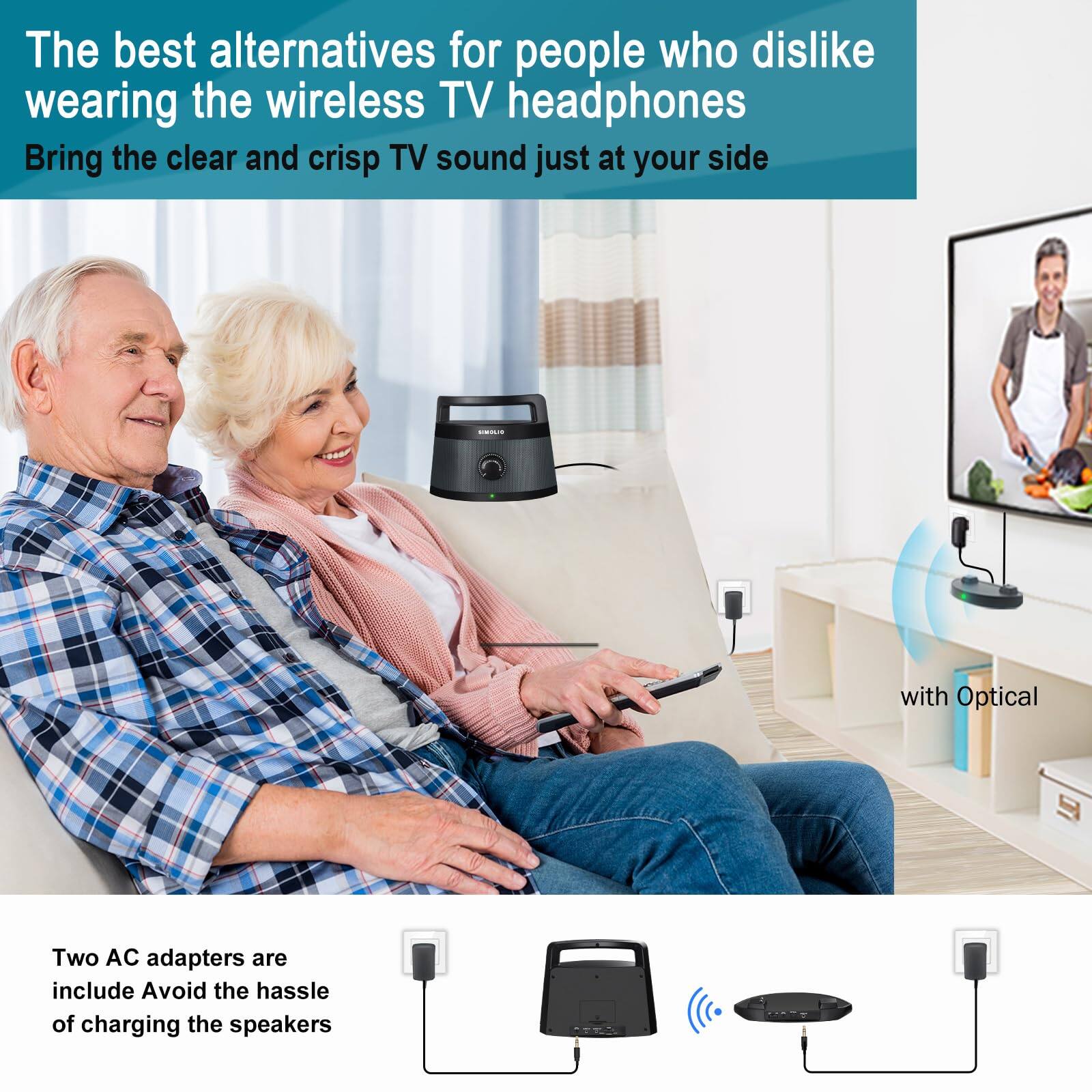 The best alternatives for people who dislike wearing the wireless TV headphones

Bring the clear and crisp TV sound just at your side

Two AC adapters are included to avoid the hassle of charging the speakers

with Optical