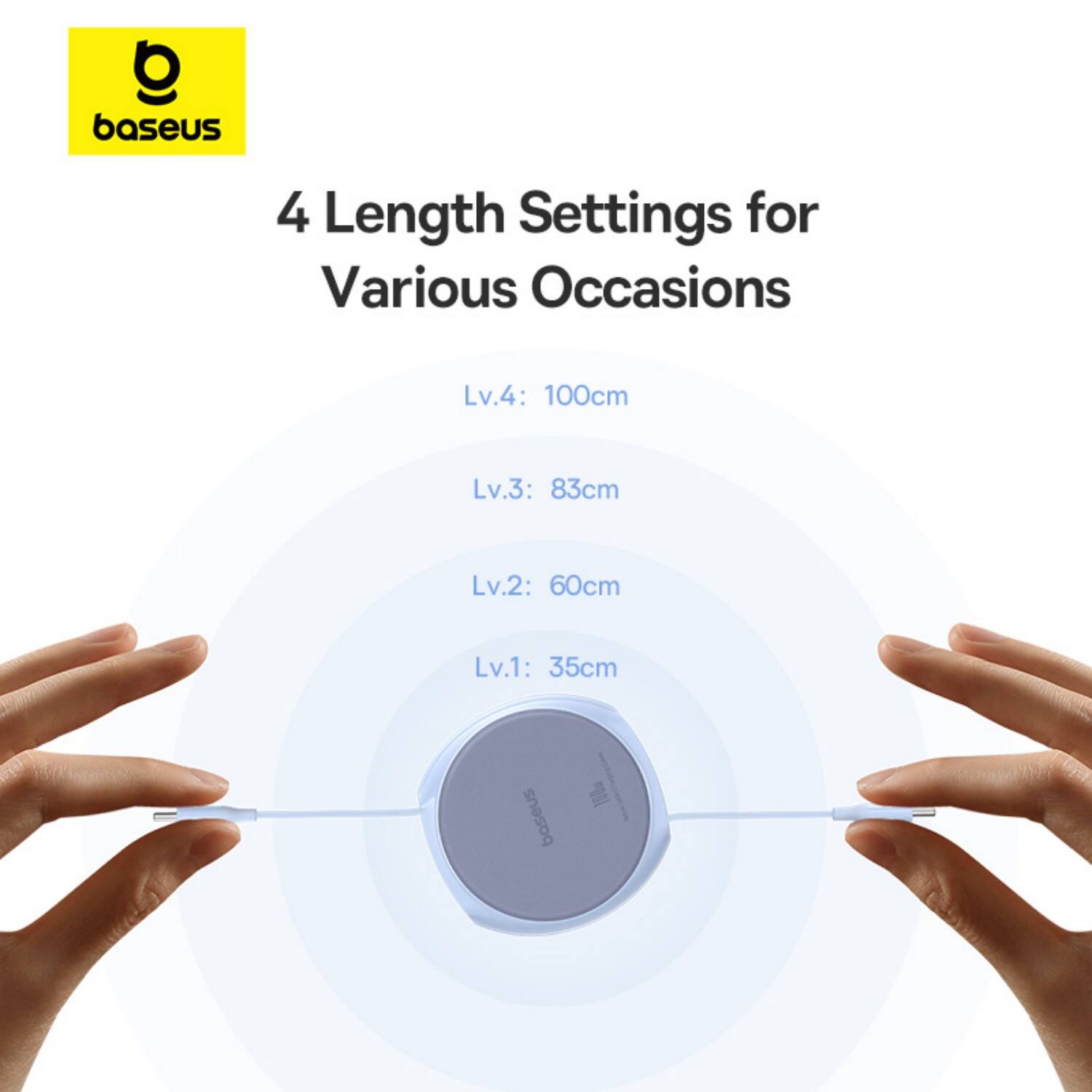 Baseus 4 Length Settings for Various Occasions: Lv.4: 100cm, Lv.3: 83cm, Lv.2: 60cm, Lv.1: 35cm. Baseus 100g.