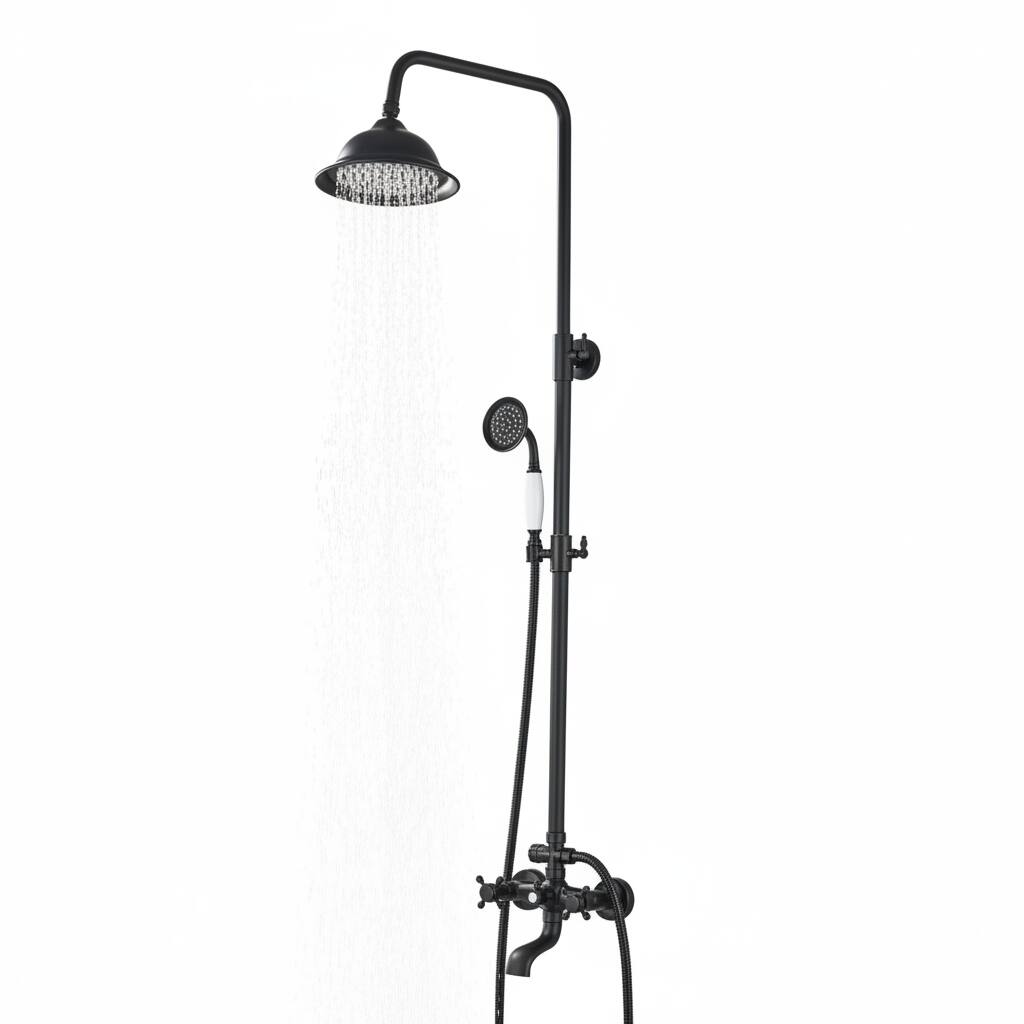 Front. Dazzed Corner - Matte Black Shower System, 8" Head, Handheld Spray, Tub Spout, 2 Cross Handles - Matte Black.