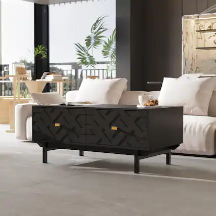 Front. FUFU & GAGA - Embossed Coffee Table with Dual Drawers and Artistic Carved Design for Living Room - Black.