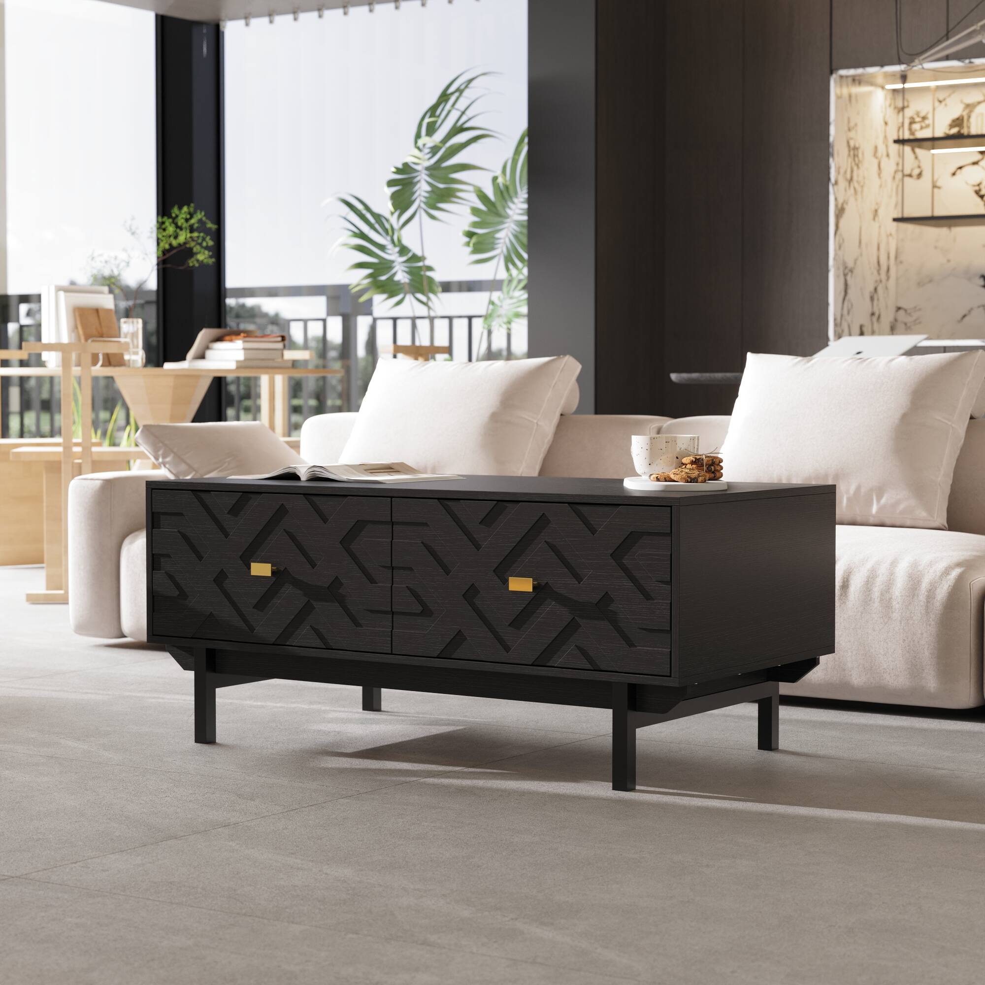 FUFU&GAGA - Embossed Coffee Table with Dual Drawers and Artistic Carved Design for Living Room - Black