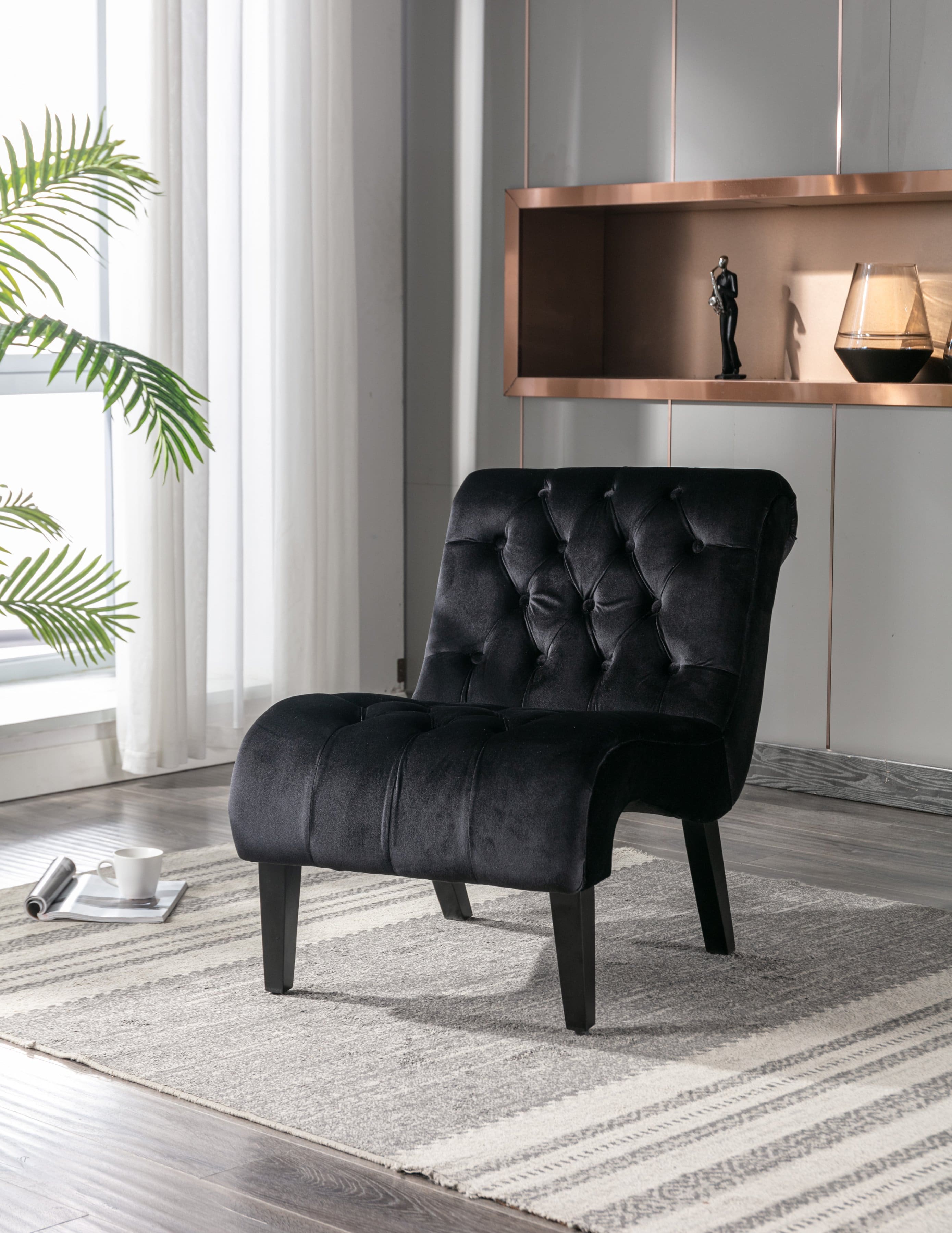 Trinkets Crazed - Velvet Accent Lounge Chair for Living Room, Modern Leisure Chair with Tufted Backrest, Indoor Armless Side Chair - Black