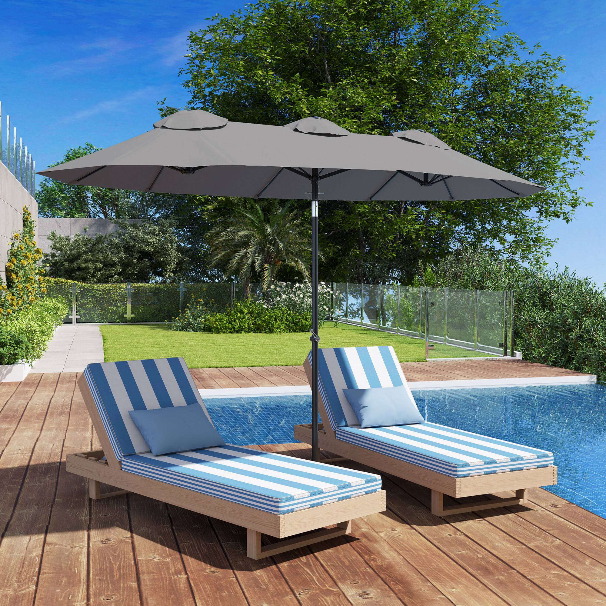 Angle. Outsunny - Double Sided Patio Umbrella, 9.5' Large Outdoor Market Umbrella with Push Button Tilt and Crank, 3 Air Vents - Gray.