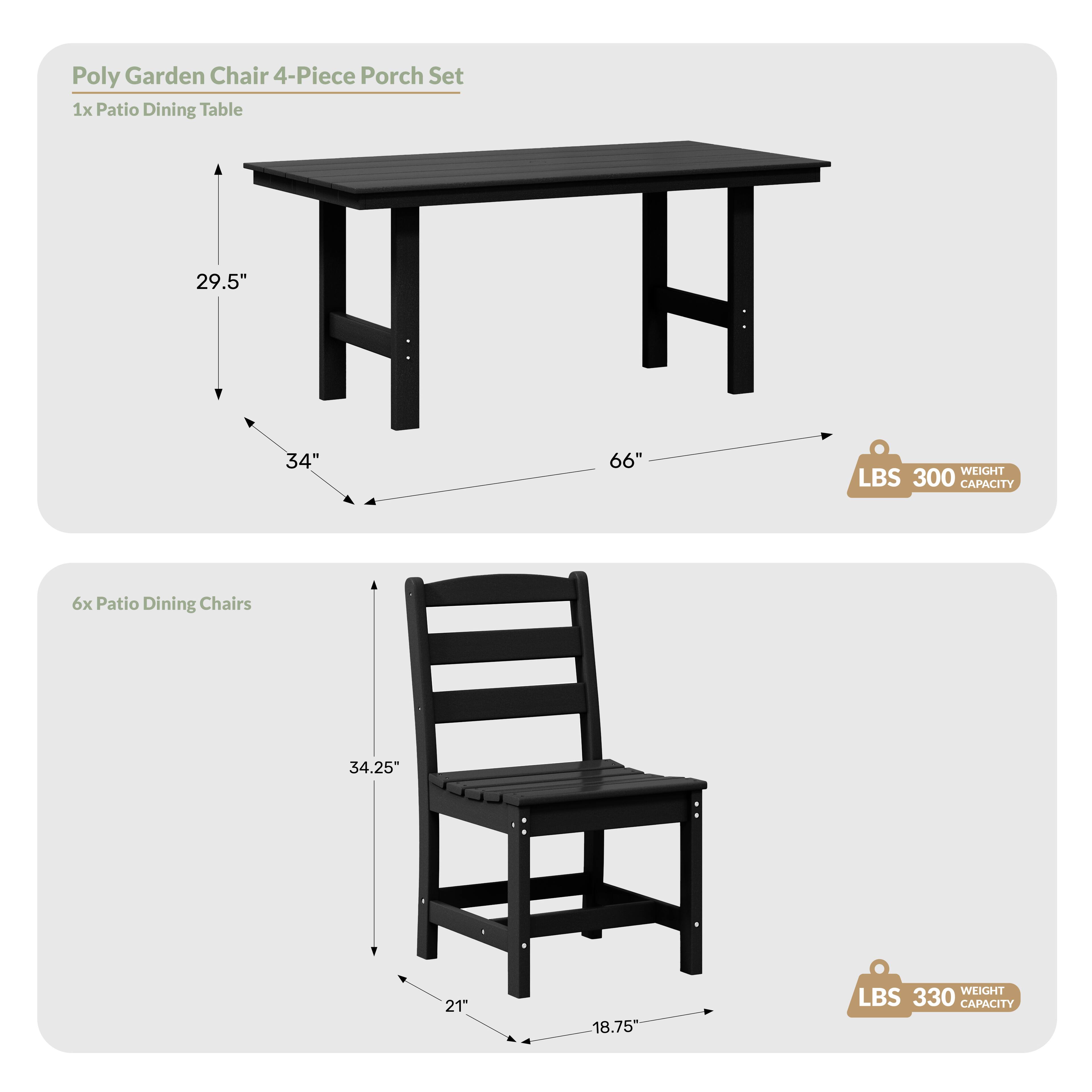 Poly Garden Chair 4-Piece Porch Set  
1x Patio Dining Table  
29.5"  
34"  
66"  
WEIGHT LBS 300 CAPACITY  

6x Patio Dining Chairs  
34.25"  
21"  
18.75"  
WEIGHT LBS 330 CAPACITY
