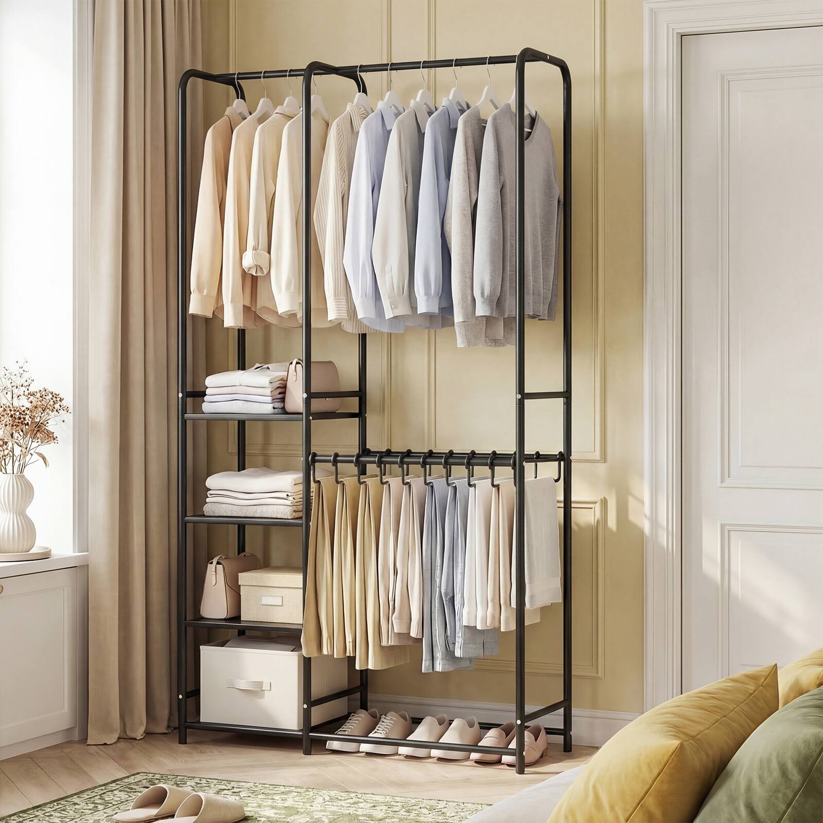 Alt View 3. Gymax - Gymax Portable Closet w/Pants Hangers 2 Hanging Rods 4 Storage Shelves for Bedroom Black - Black.