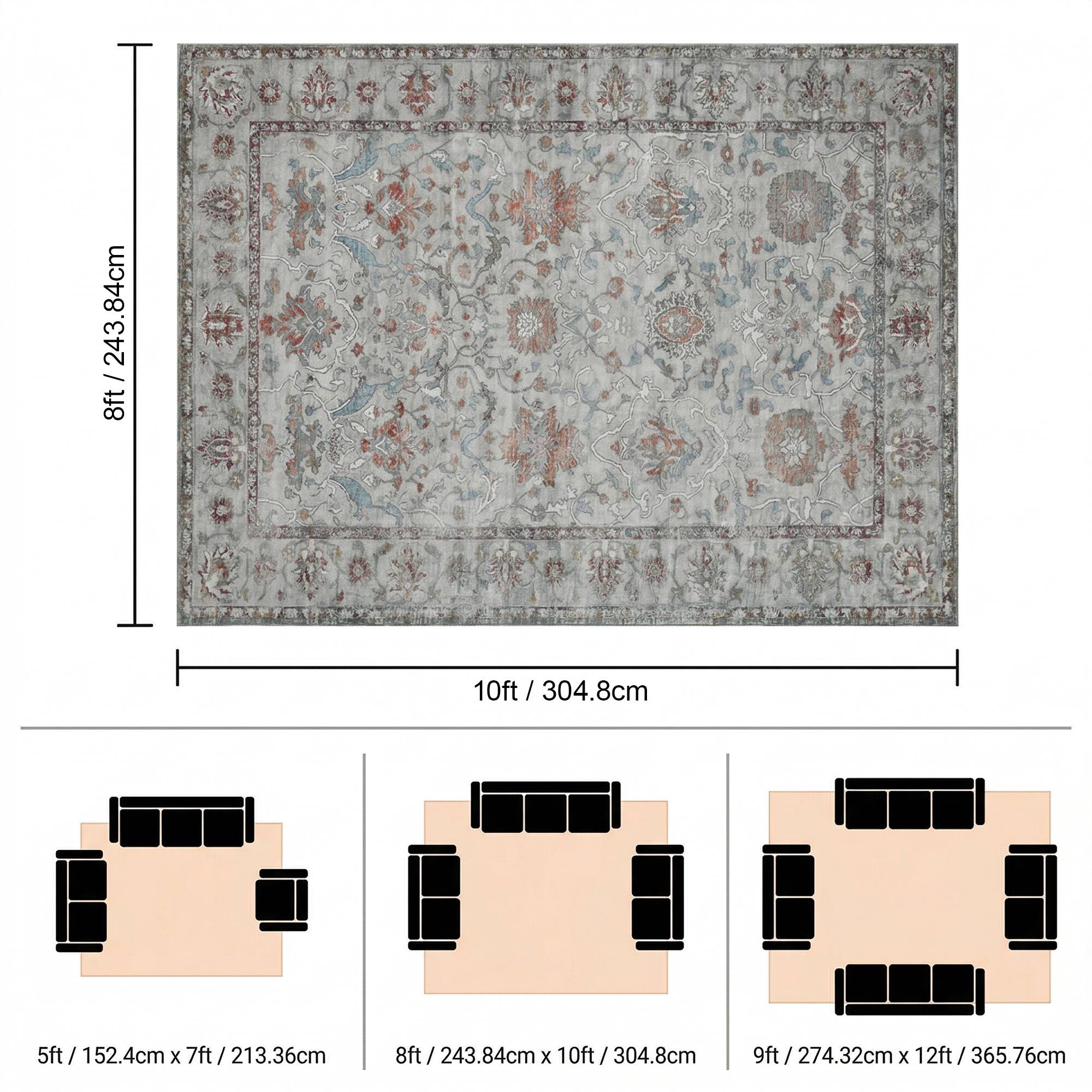 - 5ft / 152.4cm x 7ft / 213.36cm
- 8ft / 243.84cm x 10ft / 304.8cm
- 9ft / 274.32cm x 12ft / 365.76cm