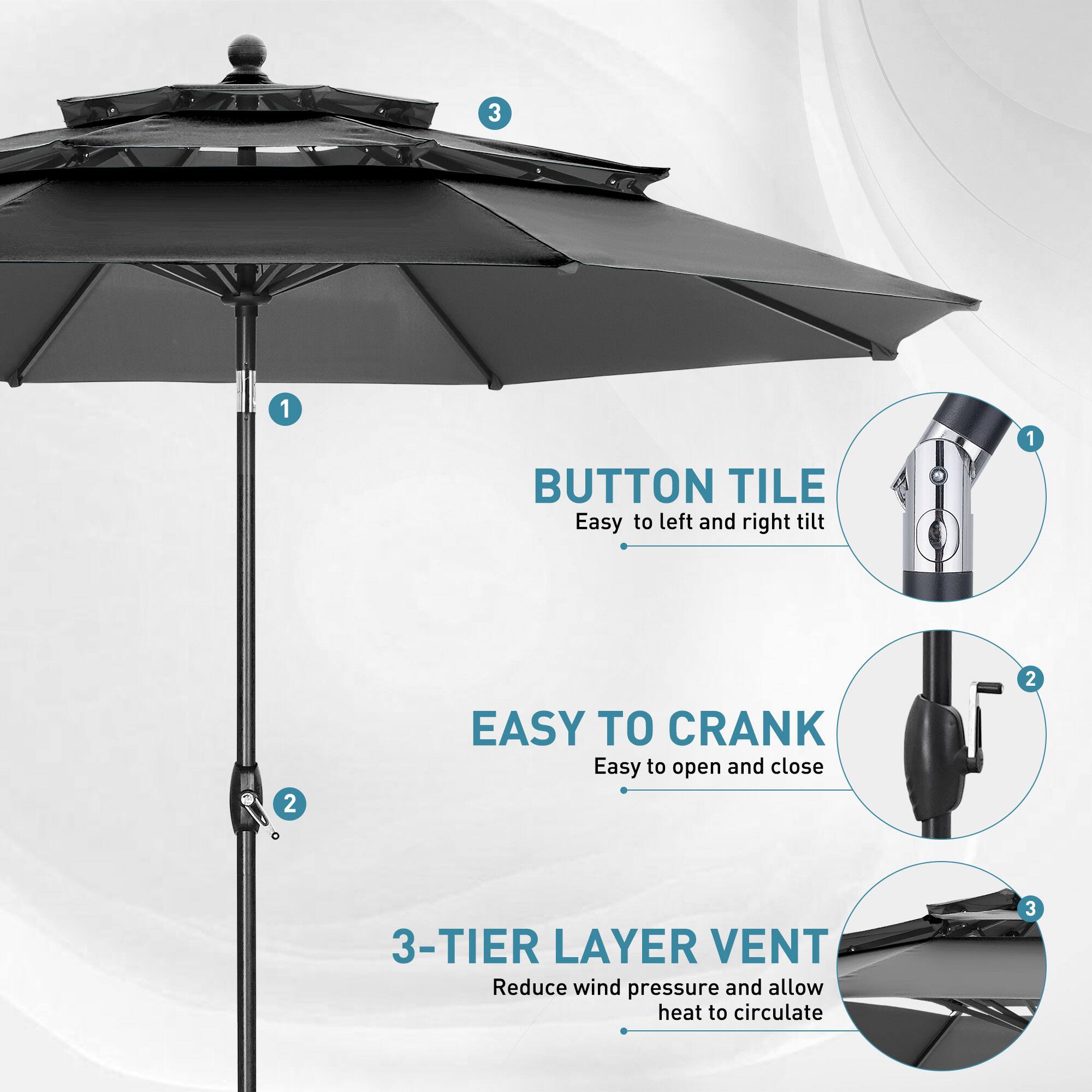 1. BUTTON TILE  
   Easy to left and right tilt

2. EASY TO CRANK  
   Easy to open and close

3. 3-TIER LAYER VENT  
   Reduce wind pressure and allow heat to circulate