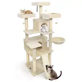 Costway - 65" Tall Multi-level Cat Tree with 3 Upholstered Top Perch 2 Cat Condos Cat Basket