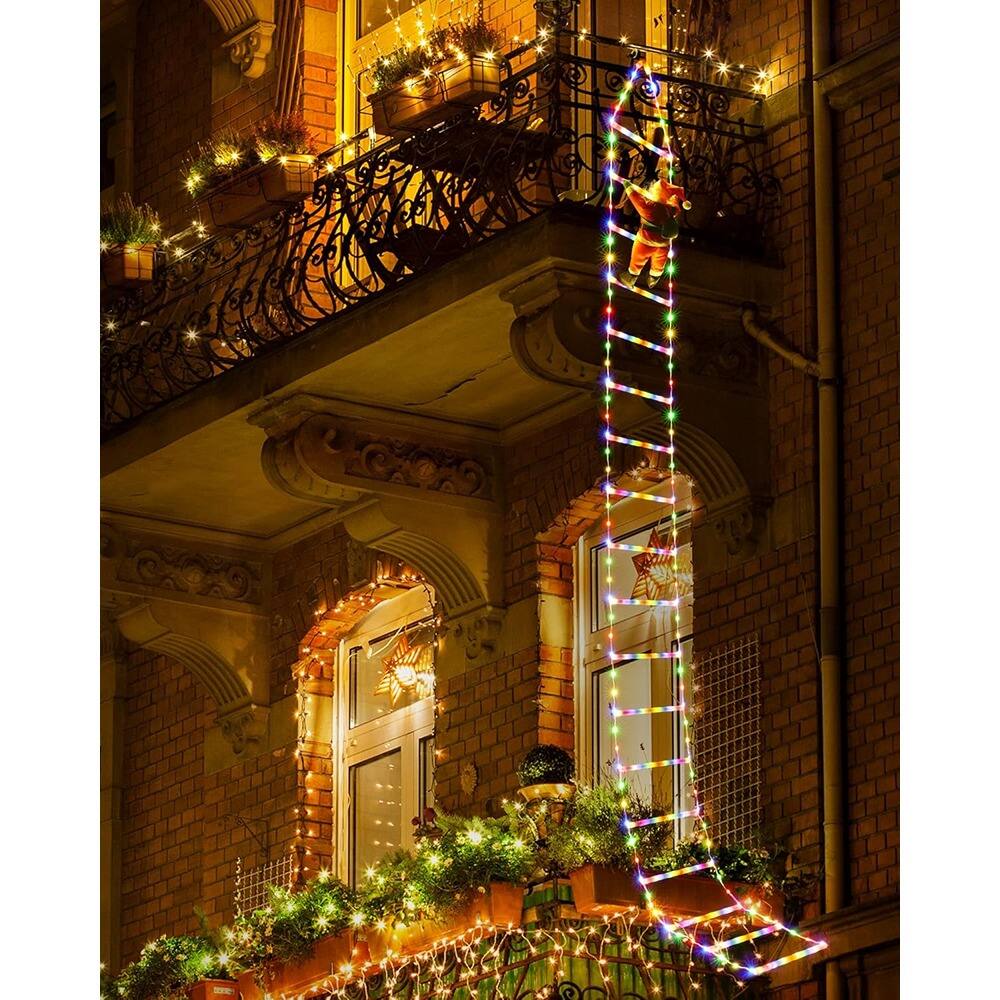 Left. MOSZAR LLC - LED Christmas Ladder Lights with Climbing Santa, 10ft, Multicolor, Waterproof - Multicolor.