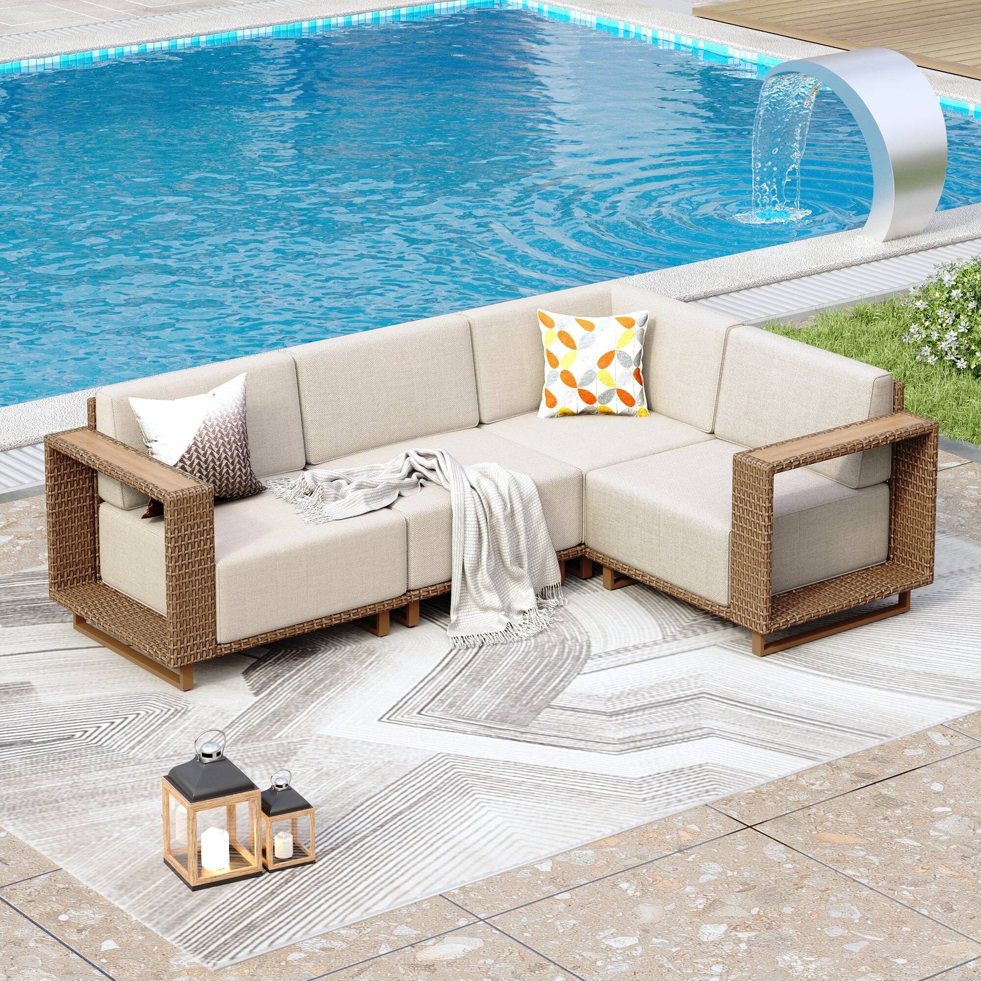 Front. SUMMIT LIVING - 4-Piece Wicker Patio Furniture Set, L-Shaped Outdoor Sectional Sofa with 9.8" Extra Thick Cushions - Beige.