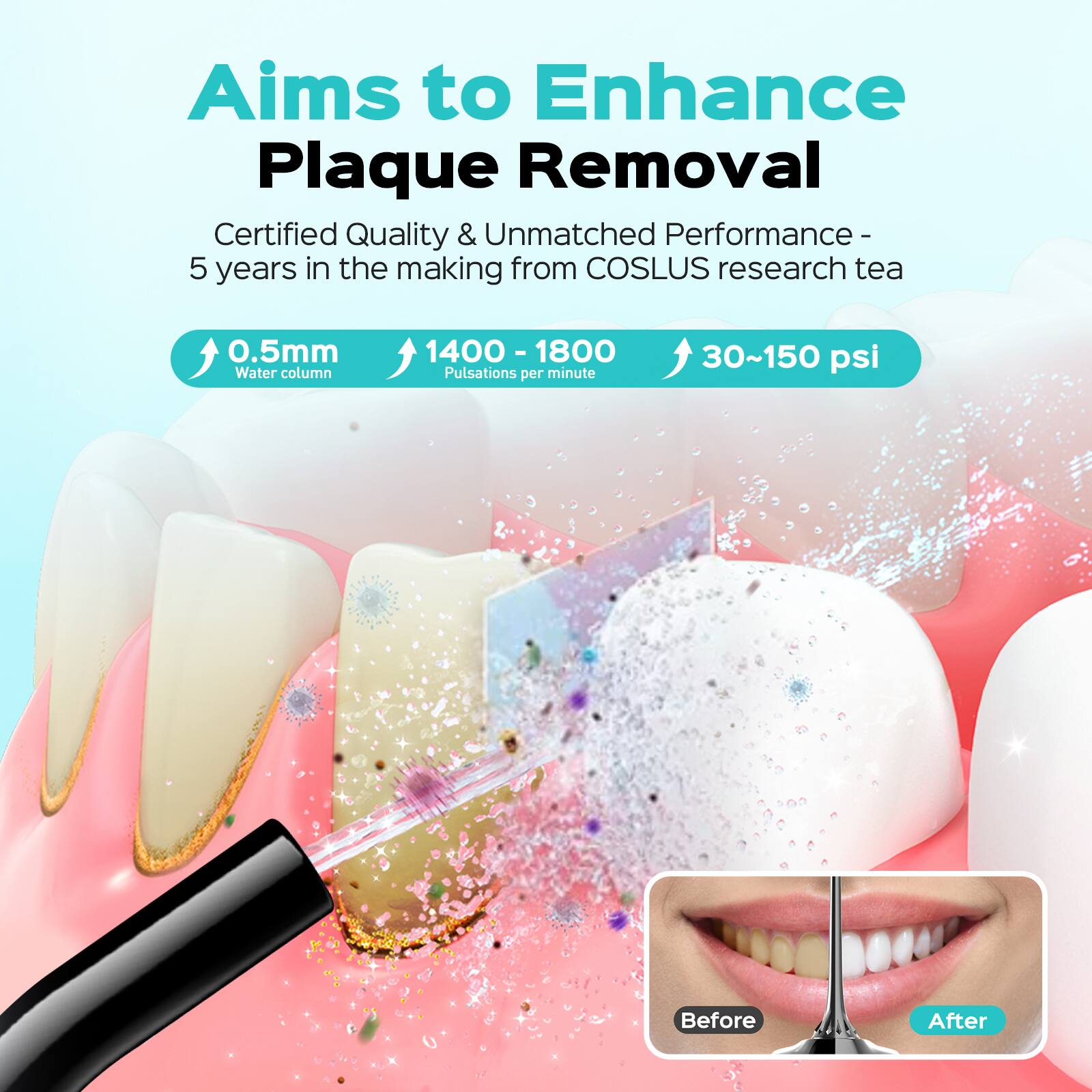 Aims to Enhance Plaque Removal  
Certified Quality & Unmatched Performance - 5 years in the making from COSLUS research team  
0.5mm Water column  
1400 - 1800 Pulsations per minute  
30~150 psi  

Before After