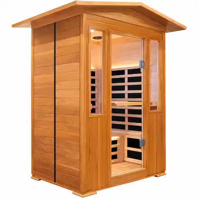Front. RYHNUYNE - Outdoor Double Red Cedar Far Infrared Sauna Room, 2250W, 9 Heating Plates, Douglas Fir Interior, 60 degreesC Max - Natural.