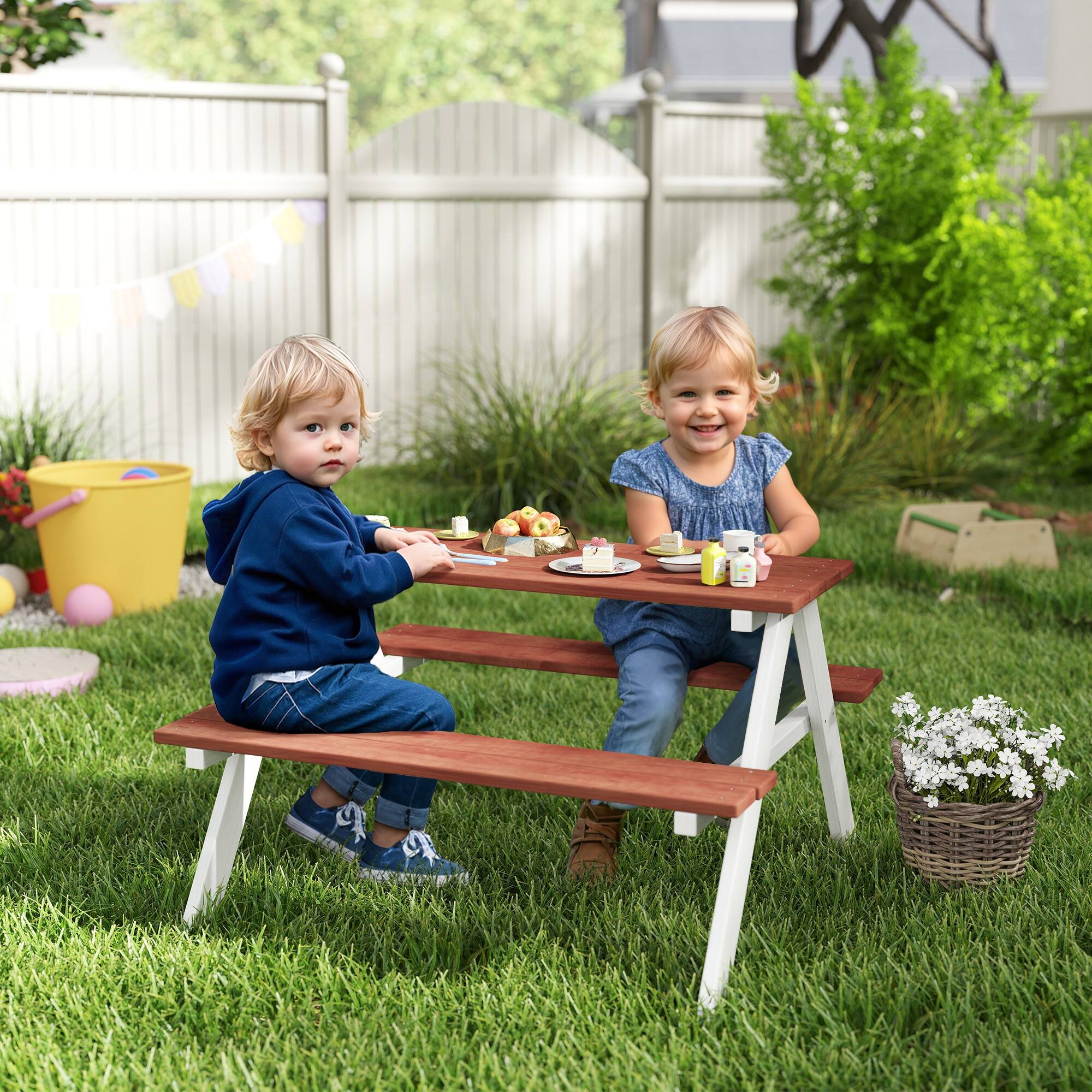Alt View 1. Outsunny - Kids Picnic Table Set, Wooden Table & Bench Set, Kids Patio Furniture Outdoor Toys for Garden, Backyard - Brown.