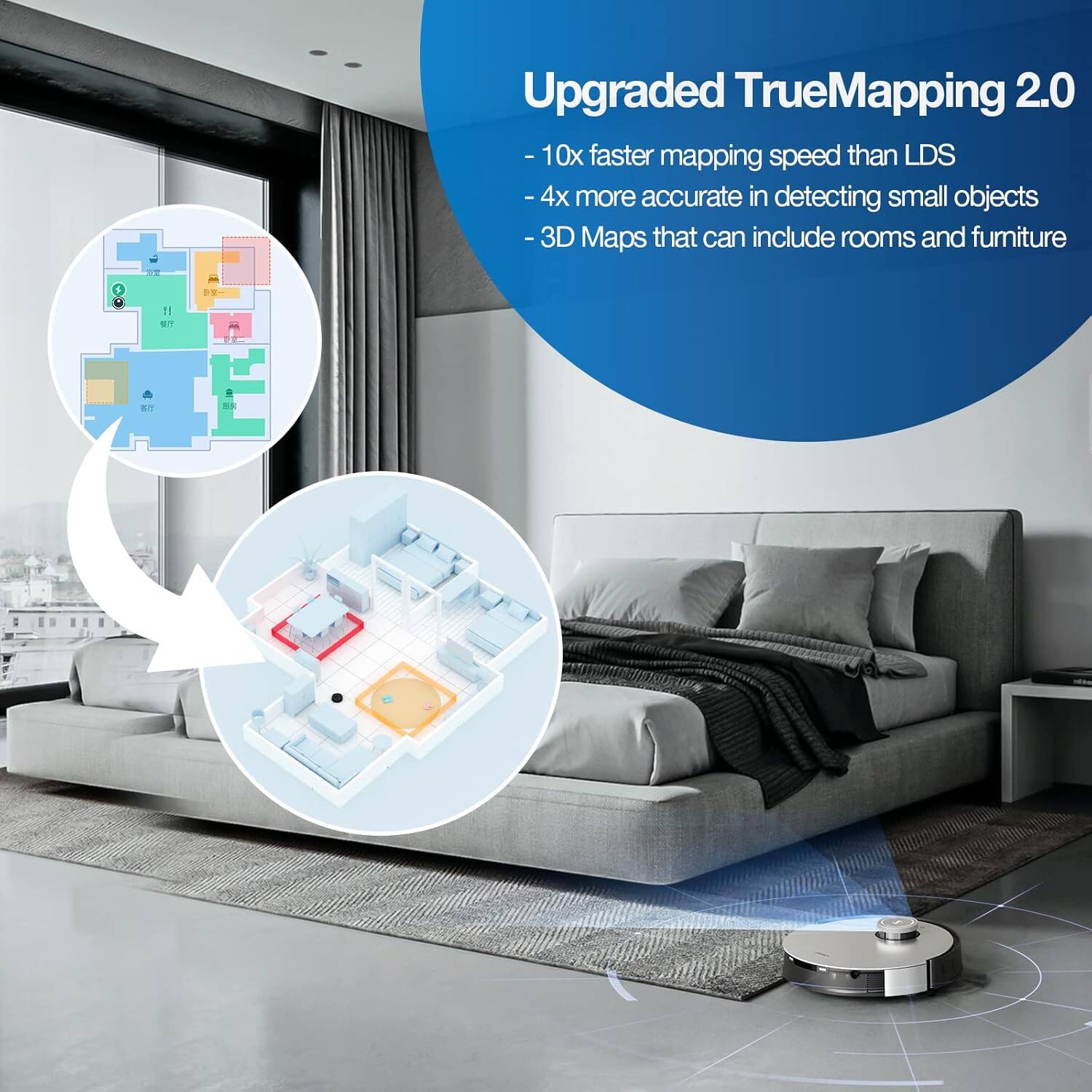 Upgraded TrueMapping 2.0  
- 10x faster mapping speed than LDS  
- 4x more accurate in detecting small objects  
- 3D Maps that can include rooms and furniture