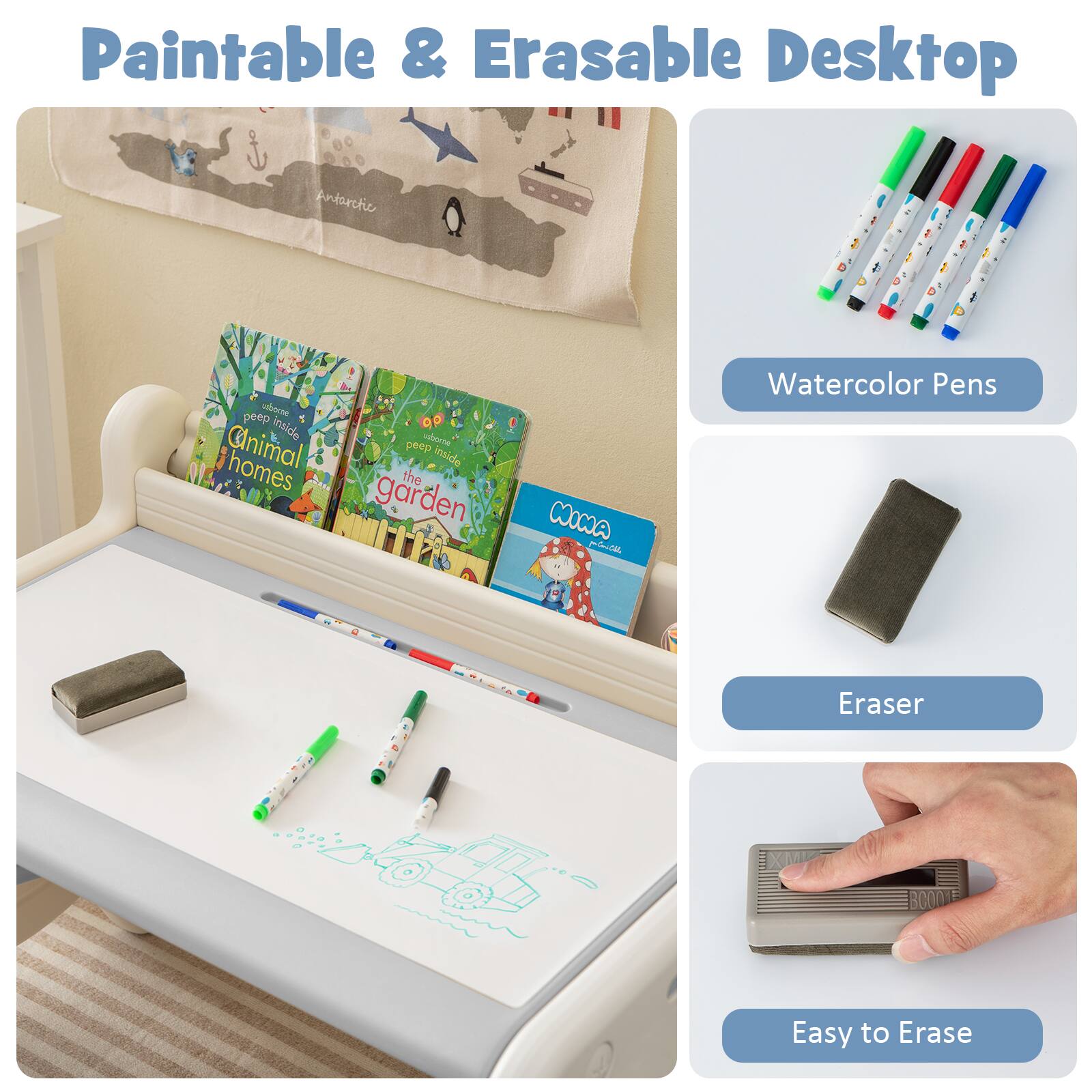 Paintable & Erasable Desktop

- Watercolor Pens
- Eraser
- Easy to Erase

Peep Inside Animal Homes
Peep Inside the Garden
COOCOA