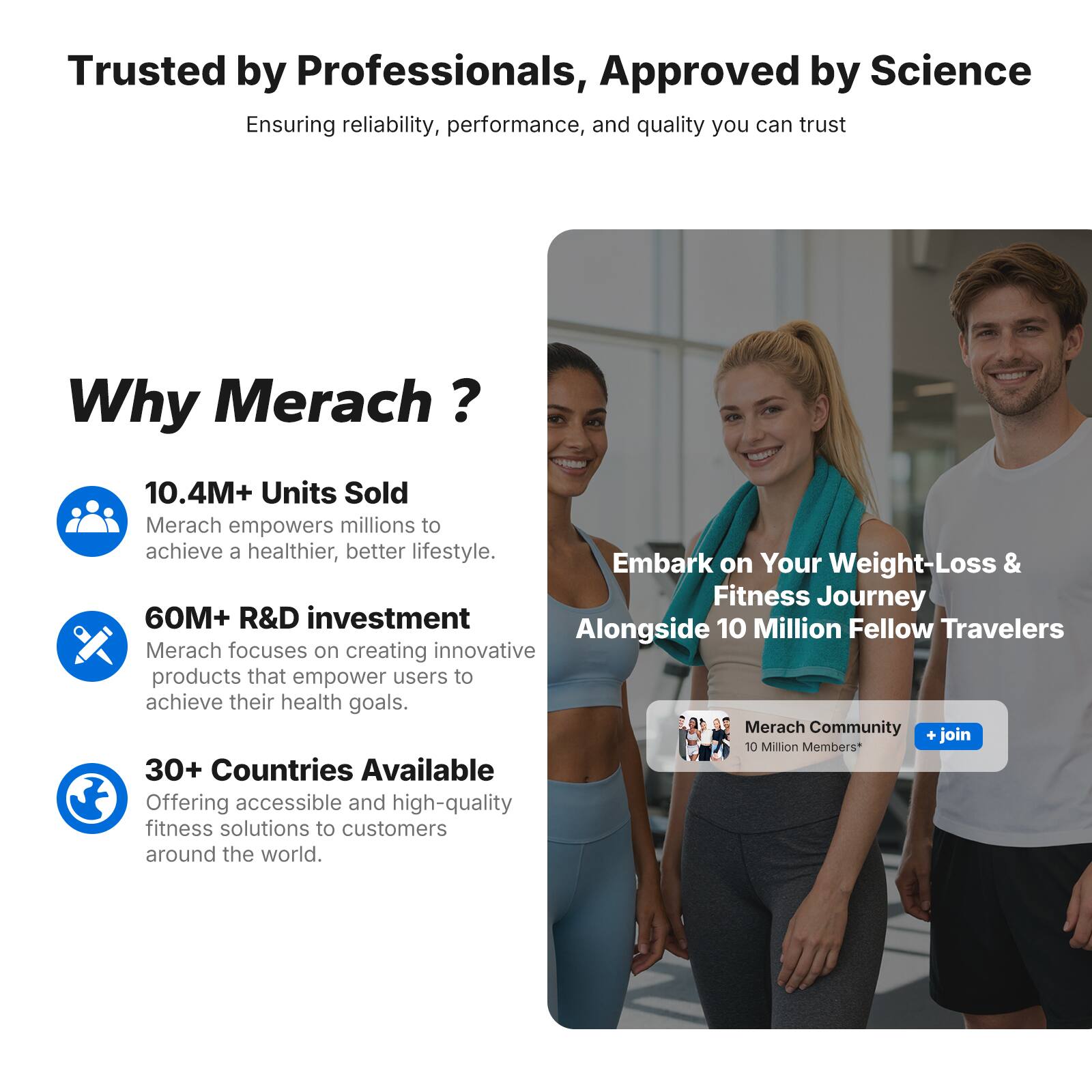 Trusted by Professionals, Approved by Science  
Ensuring reliability, performance, and quality you can trust  

Why Merach?  
10.4M+ Units Sold  
Merach empowers millions to achieve a healthier, better lifestyle.  

60M+ R&D investment  
Merach focuses on creating innovative products that empower users to achieve their health goals.  

30+ Countries Available  
Offering accessible and high-quality fitness solutions to customers around the world.  

Embark on Your Weight-Loss & Fitness Journey  
Alongside 10 Million Fellow Travelers  

Merach Community + join  
10 Million Members*