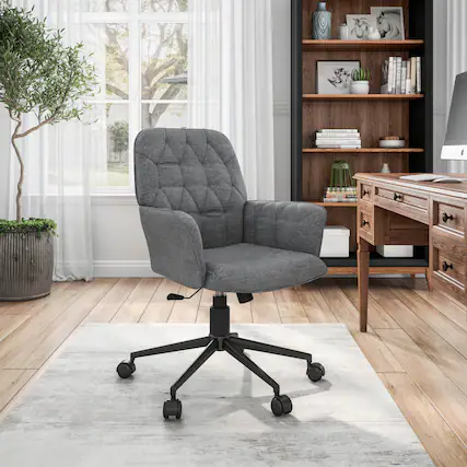Front. GOODSILO - Modern Upholstered Tufted Office Chair with Fixed Arms for Home and Workspace Ergonomics - Gray.