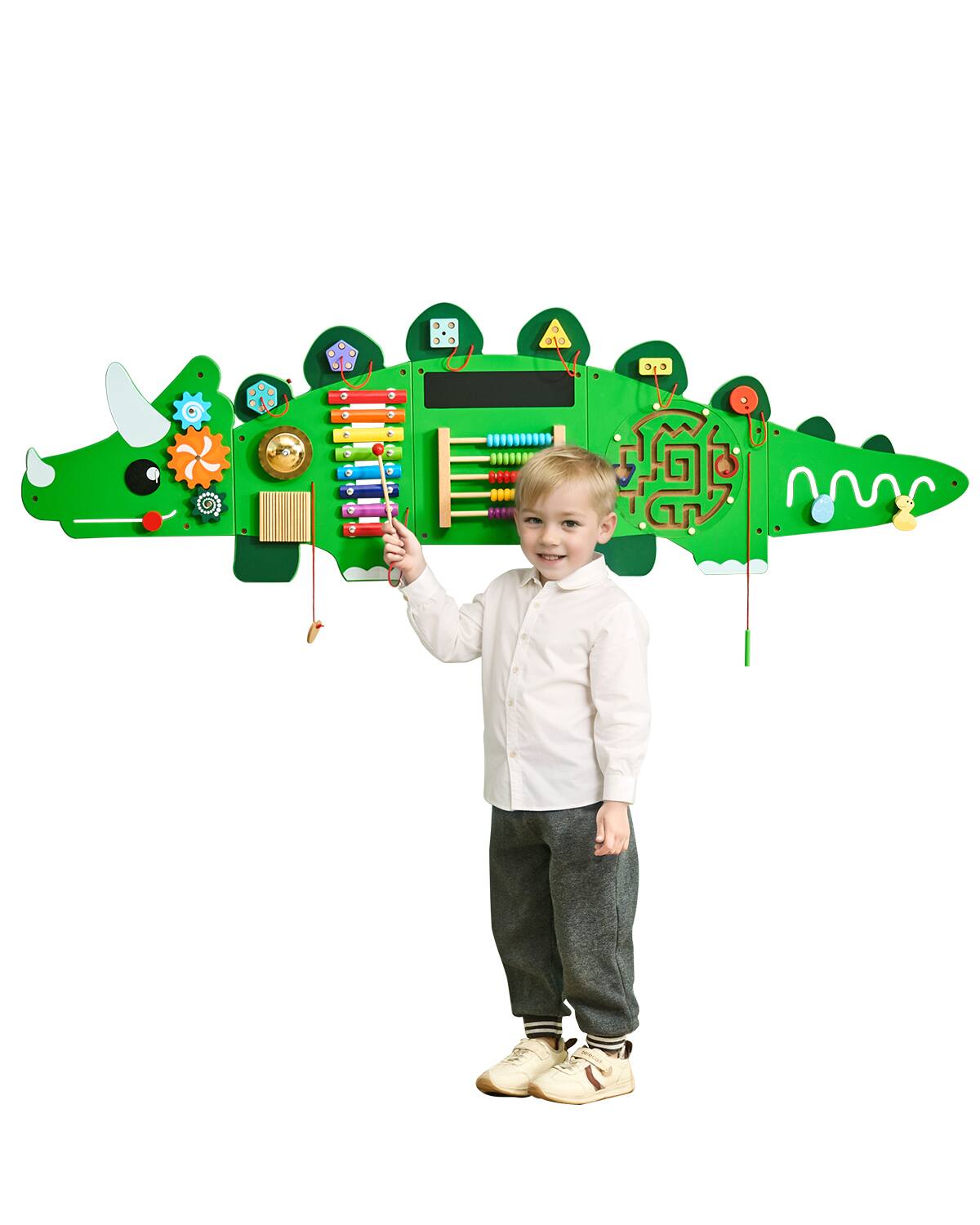 Front. VEVOR - Dinosaur Activity Wall Busy Board Panels, 11 Activities, Montessori Sensory Wall Toy for Kids 3-12 Years.