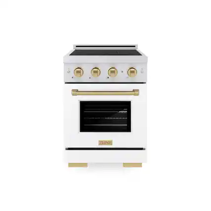 Front. ZLINE - Autograph 24 in. 3.2 cu. ft. Paramount Freestanding Induction Range with 3 Burners and Bronze Accents with White Door - White Matte.