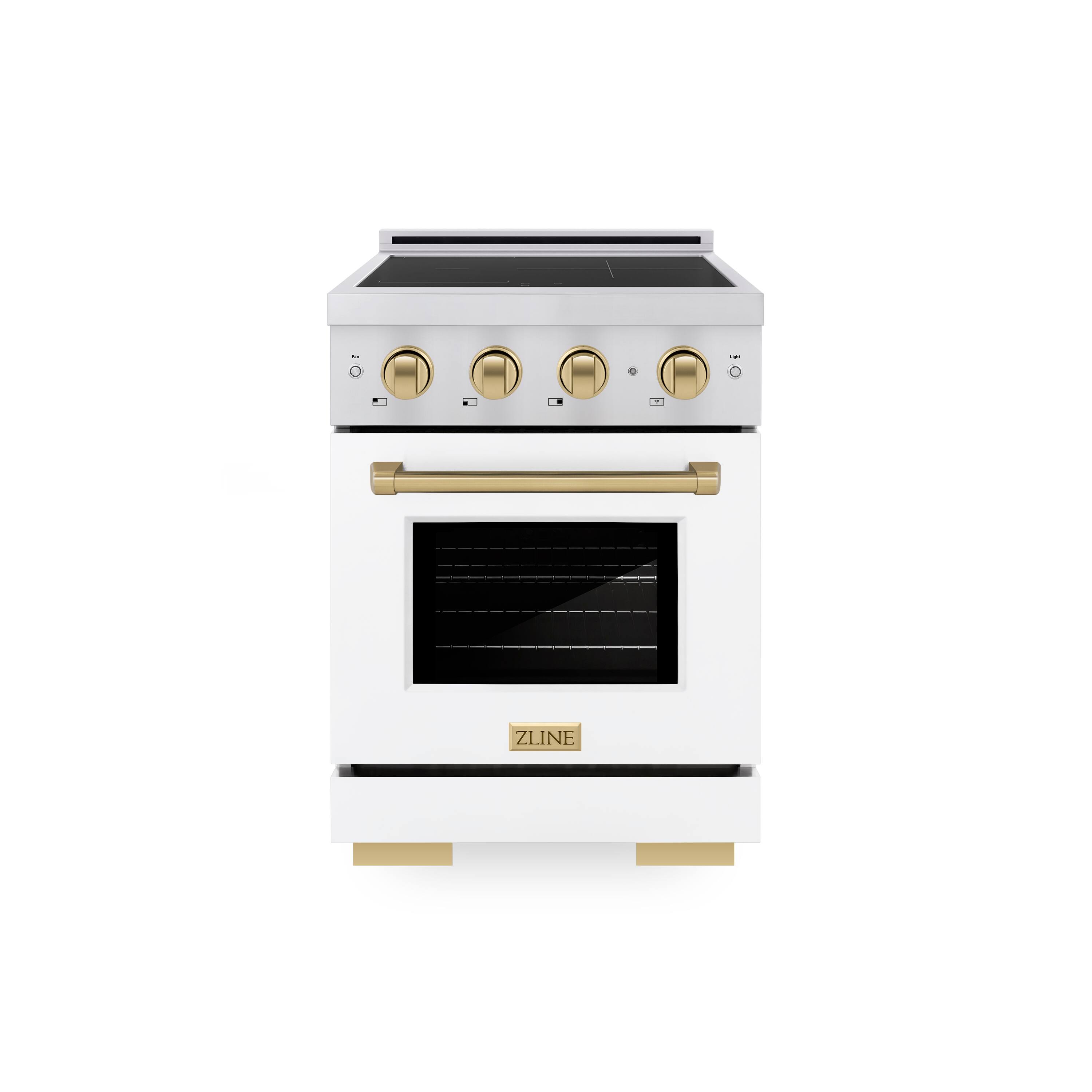 Front. ZLINE - Autograph 24 in. 3.2 cu. ft. Paramount Freestanding Induction Range with 3 Burners and Bronze Accents with White Door - White Matte.