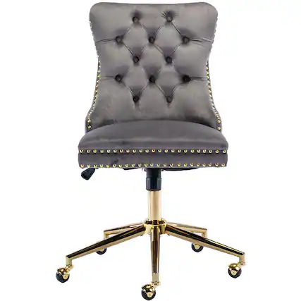 Front. Ecooso - Velvet Upholstered Tufted Button Home Office Chair with Golden Metal Base,Adjustable Chair Swivel (Gray) - Gray.