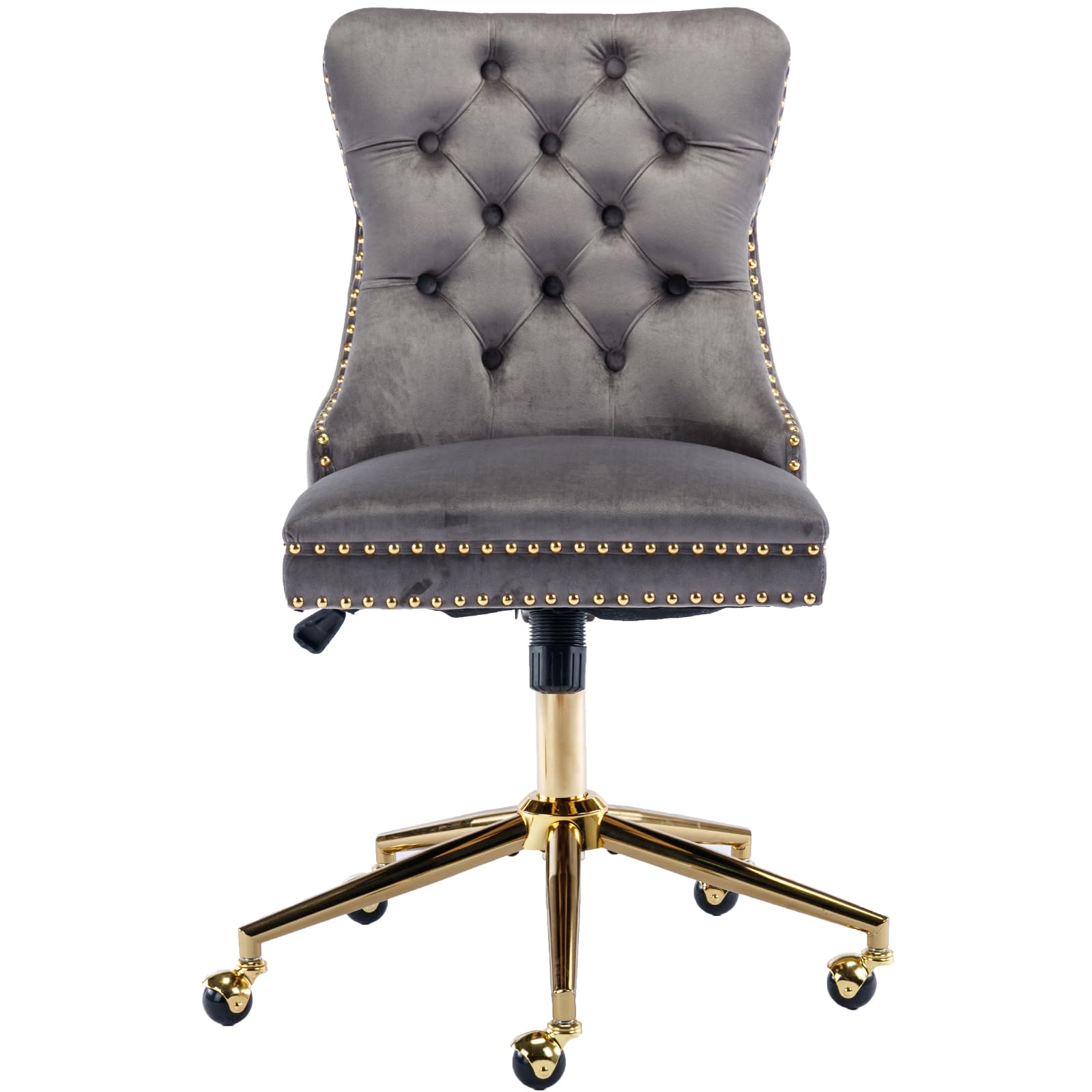 Front. Ecooso - Velvet Upholstered Tufted Button Home Office Chair with Golden Metal Base,Adjustable  Chair Swivel  (Gray) - Gray.