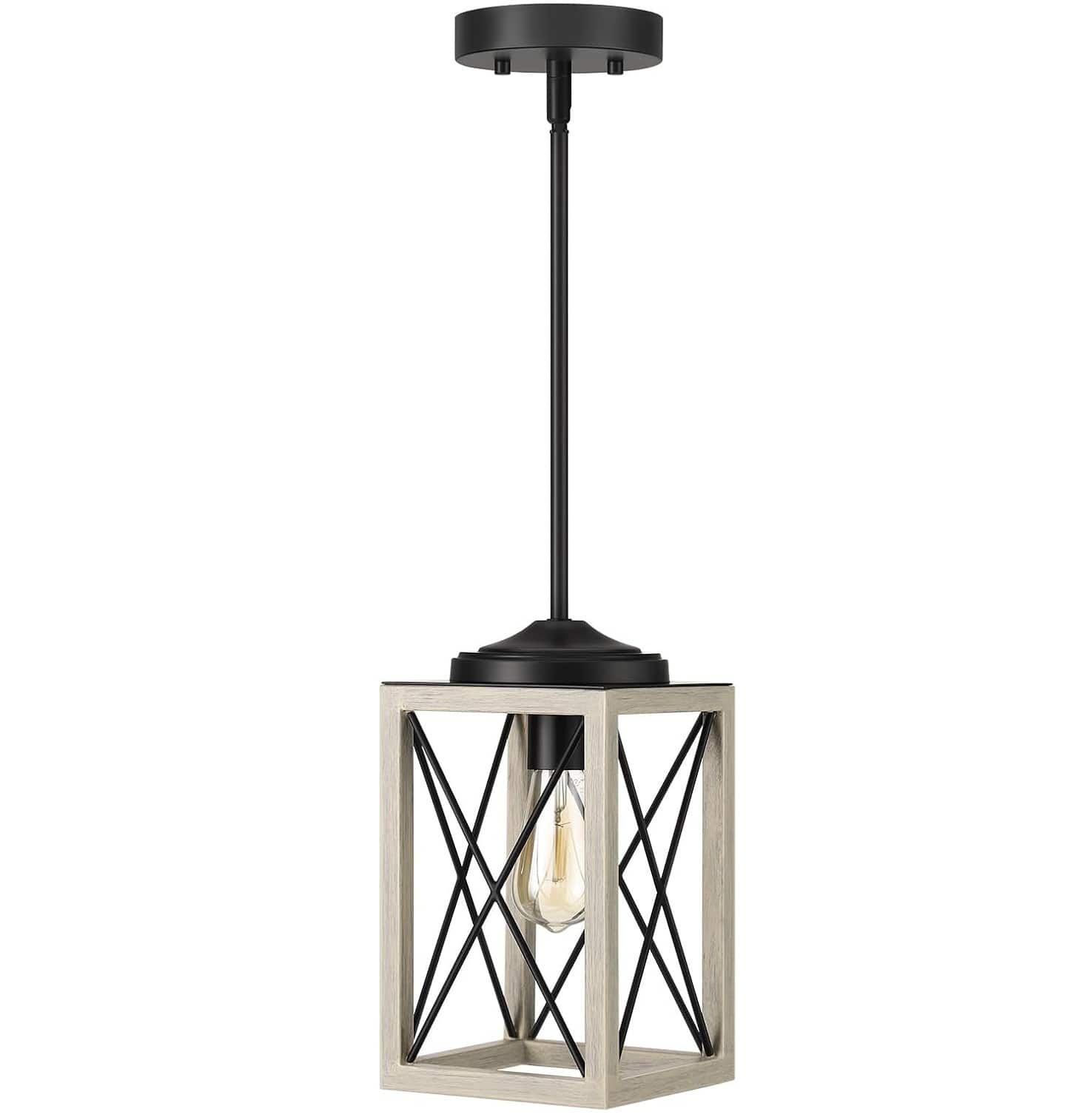 FINEAK - Adjustable Farmhouse Pendant Light-Rustic Wood Grain Metal Fixture