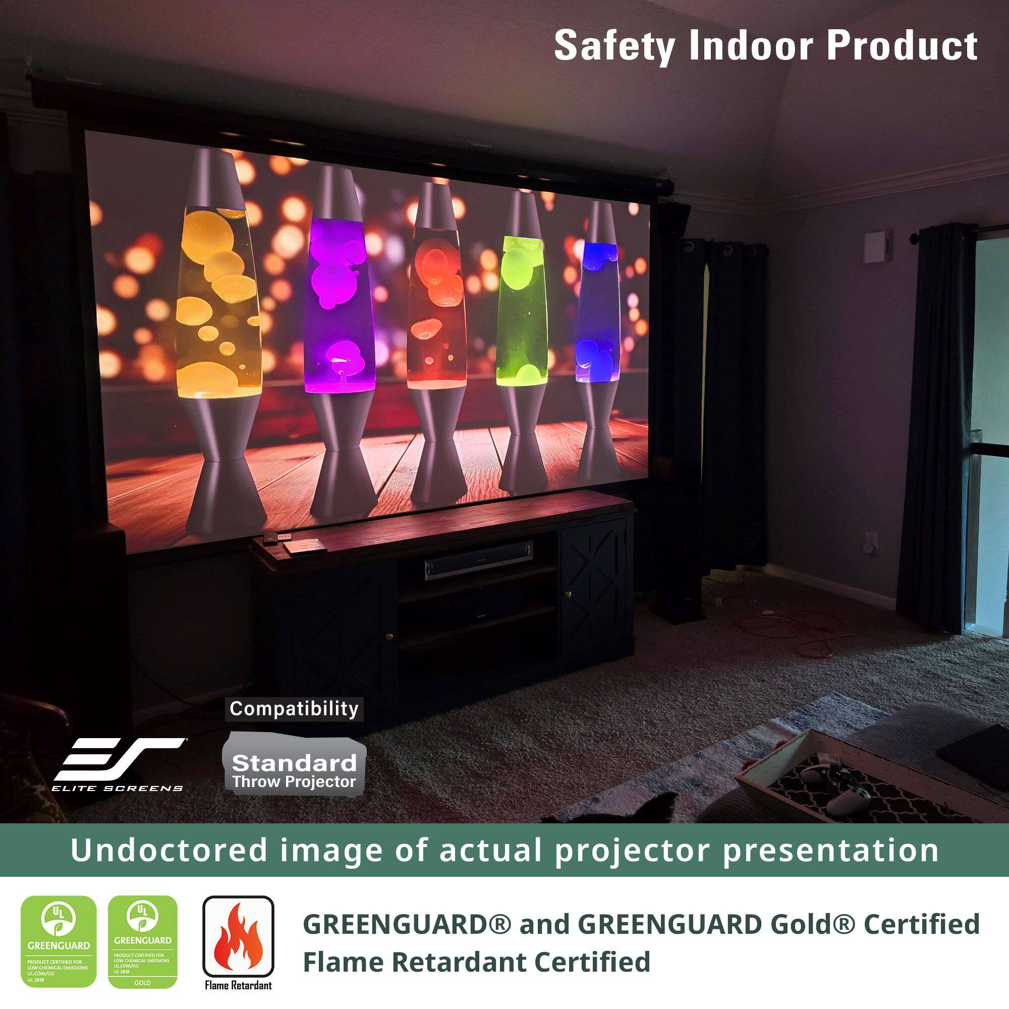 Safety Indoor Product  
Compatibility  
Standard Throw Projector  

Undoctored image of actual projector presentation  

GREENGUARD® and GREENGUARD Gold® Certified  
Flame Retardant Certified