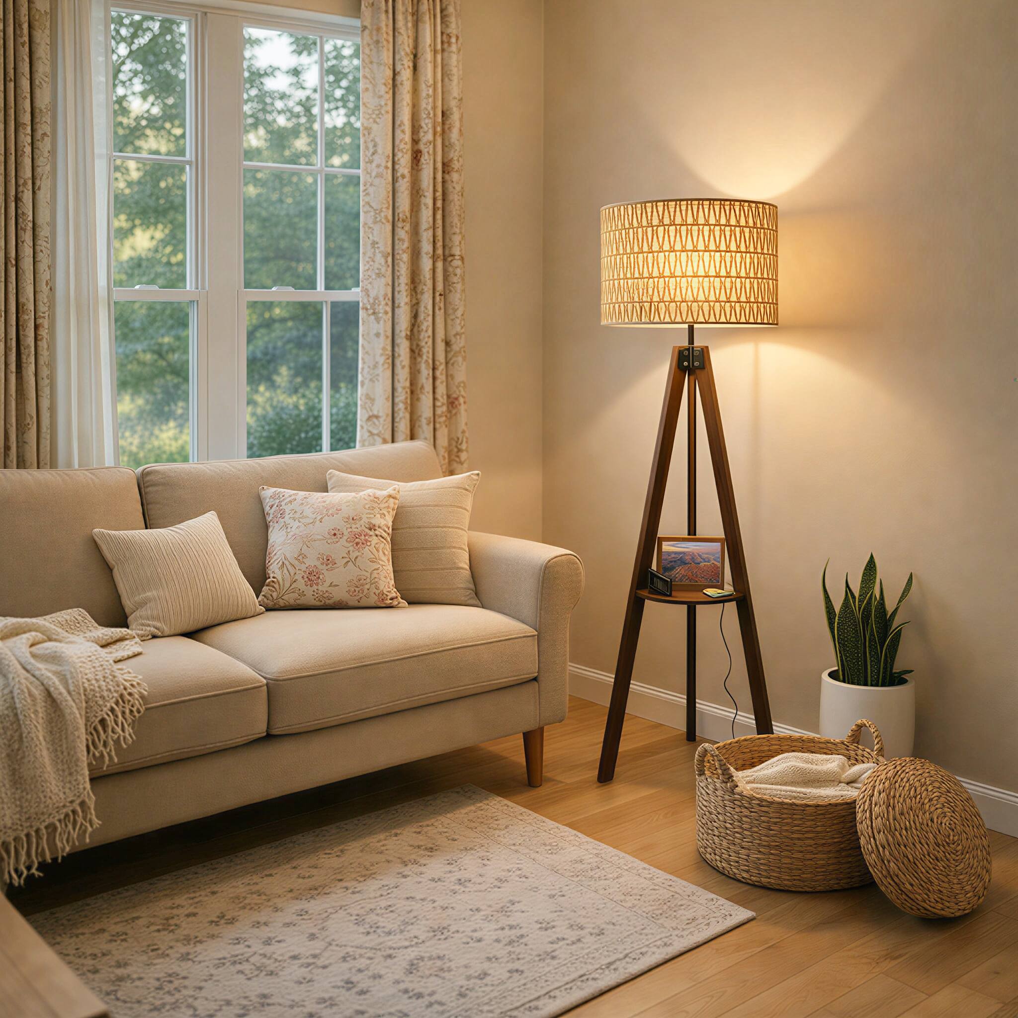 Angle. Malletson - 59'' Tall Boho Tripod Floor Lamp with Shelves, Mid-Century Modern Wood Standing Lamp with Rattan and Fabric Shades.