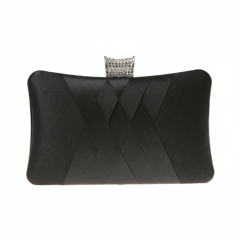 ZUQIETA- Jane Satin Diamante Clutch- Rhinestone Evening Handbag with Chain for Bridal, Prom & Party- Black