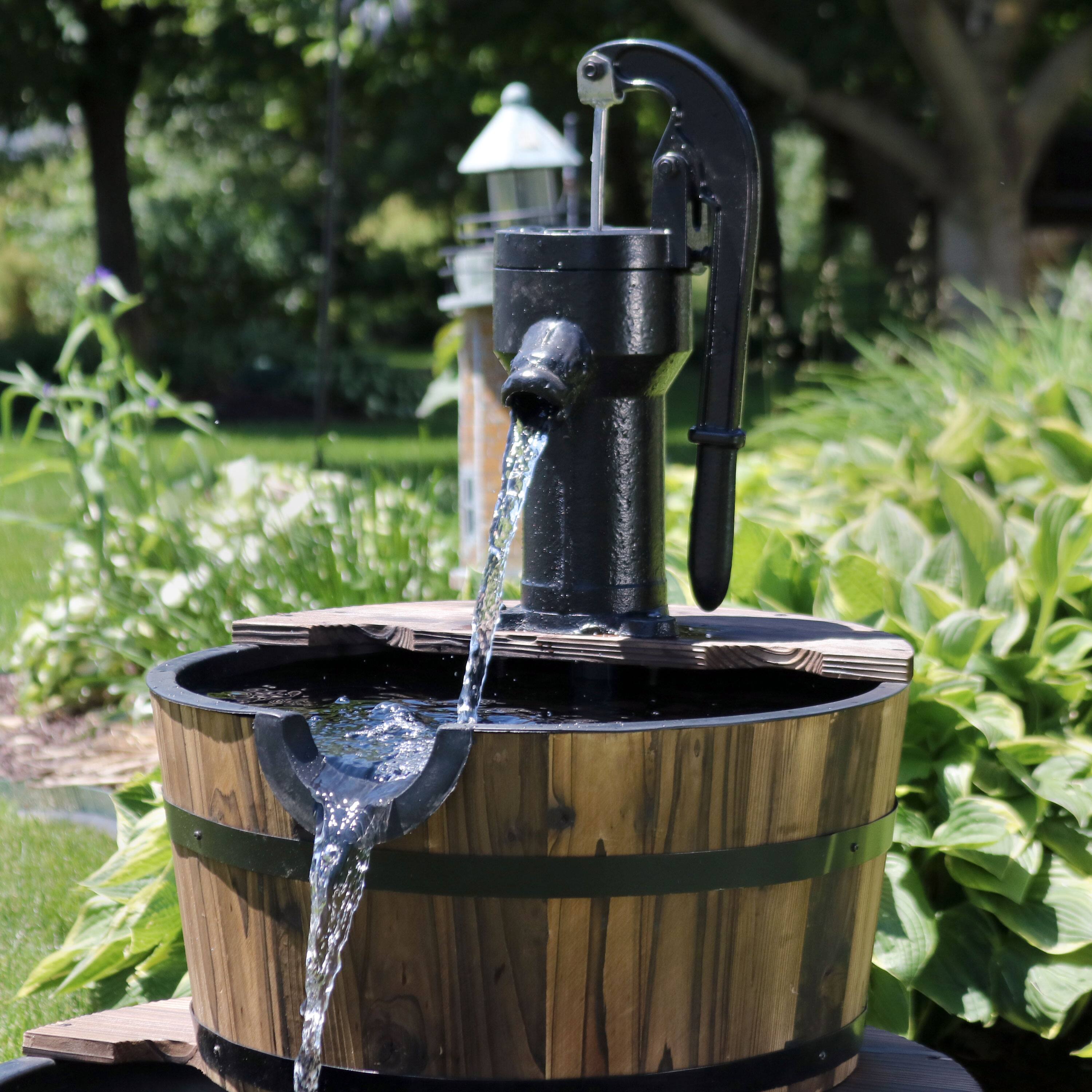 Alt View 7. Sunnydaze - Rustic 2-Tier Wood Barrel Water Fountain with Hand Pump - 34 in - Brown.