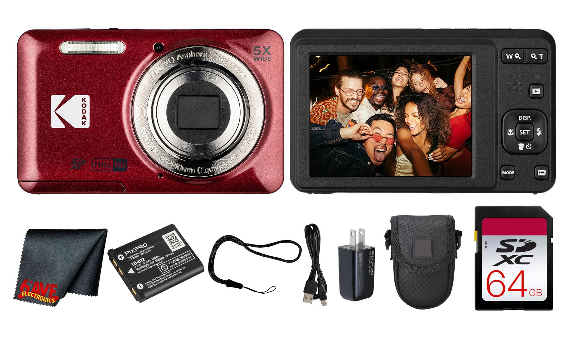 Kodak - PIXPRO FZ55 Digital Camera (Red) (FZ55RD) + 64GB Card + Case + Cleaning Cloth