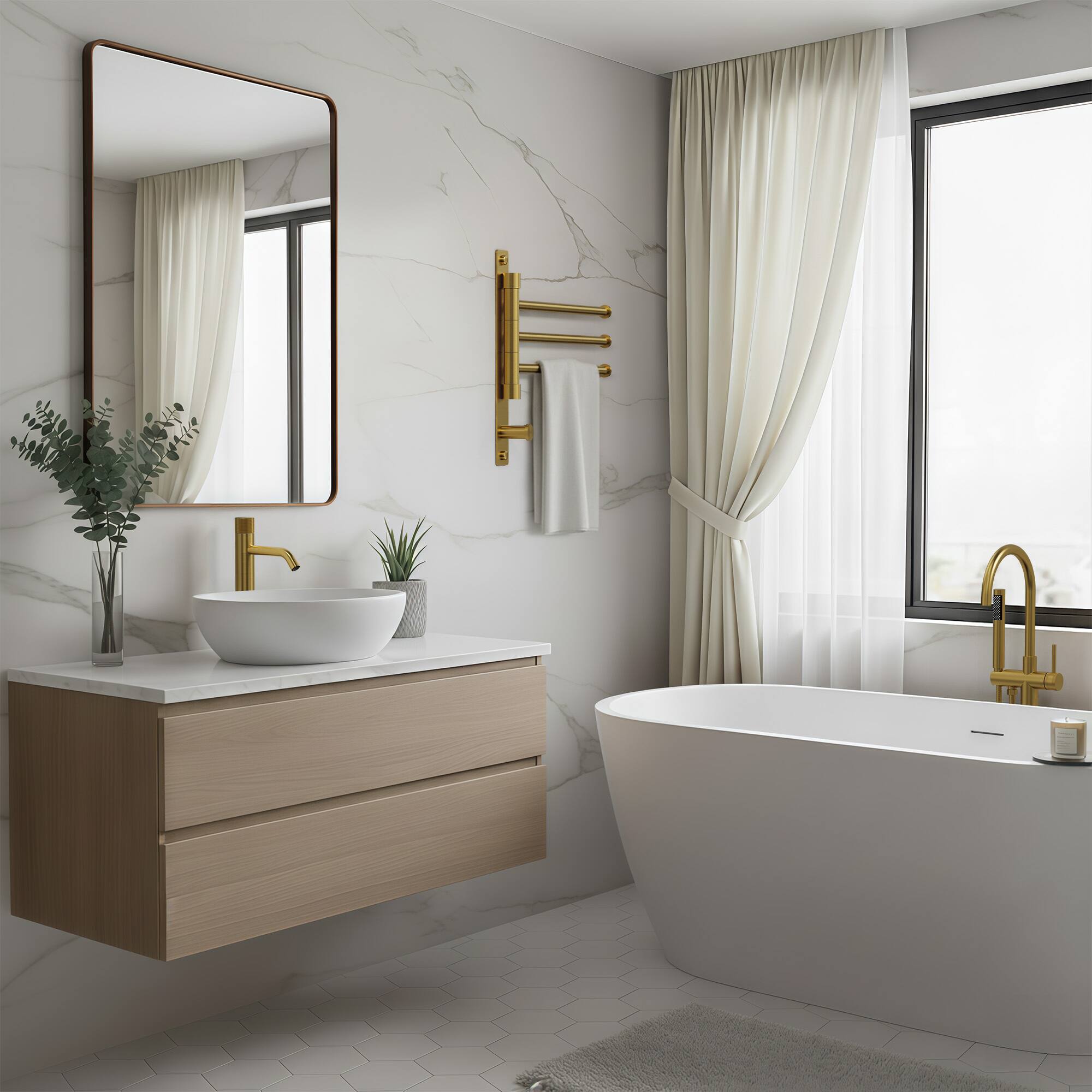 Left. GRANDJOY - 3-Arm Swivel Towel Bar Wall Mount 180-Degree Rotating Holder 23.6 Inch Stainless Steel Bathroom Organizer - Brushed Gold.