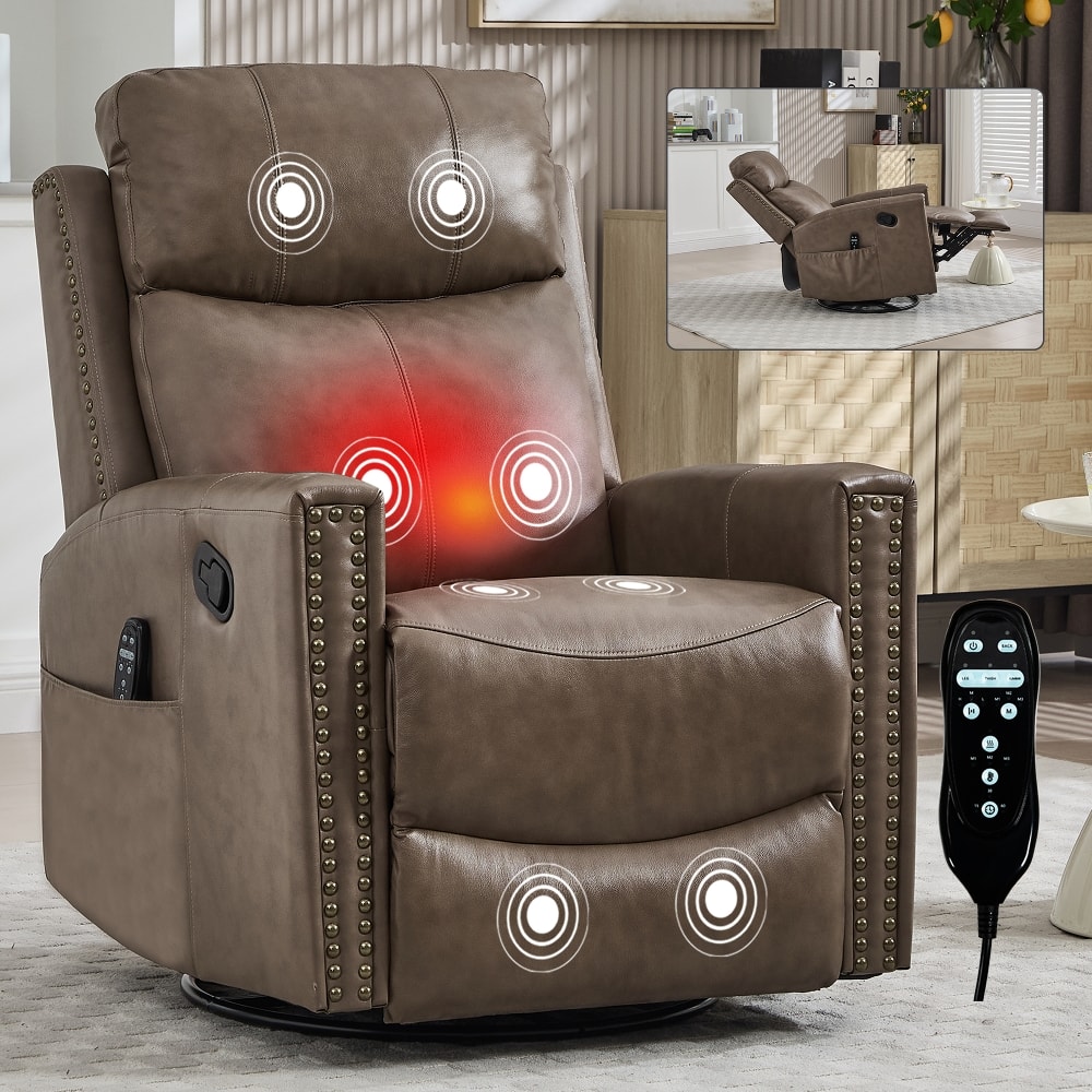 Ropilly - Camel Brown Genuine Leather Massage Recliner Swivel Rocker with Lumbar Heat - Camel+Brown