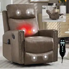 Ropilly - Camel Brown Genuine Leather Massage Recliner Swivel Rocker with Lumbar Heat - Camel+Brown