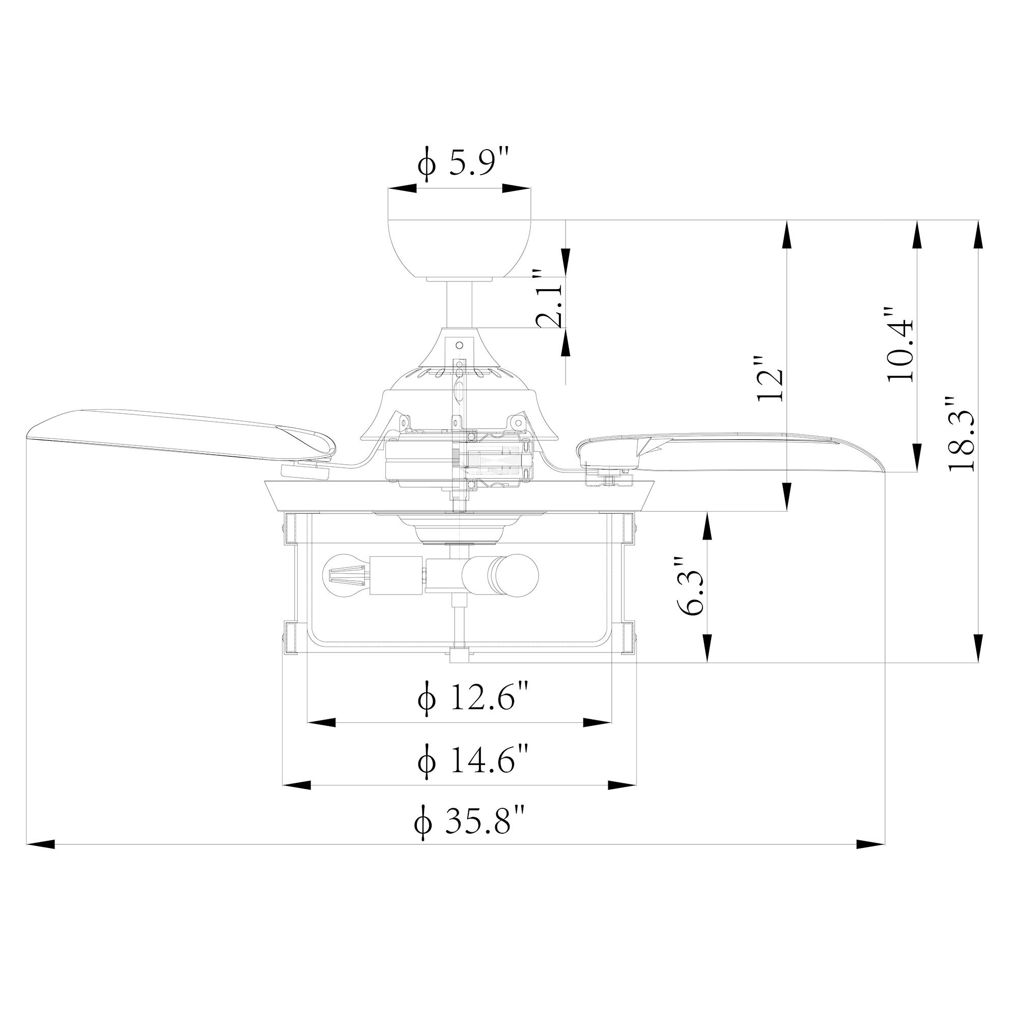 - Φ 5.9"
- 2.1"
- 12"
- 10.4"
- 18.3"
- 6.3"
- Φ 12.6"
- Φ 14.6"
- Φ 35.8"