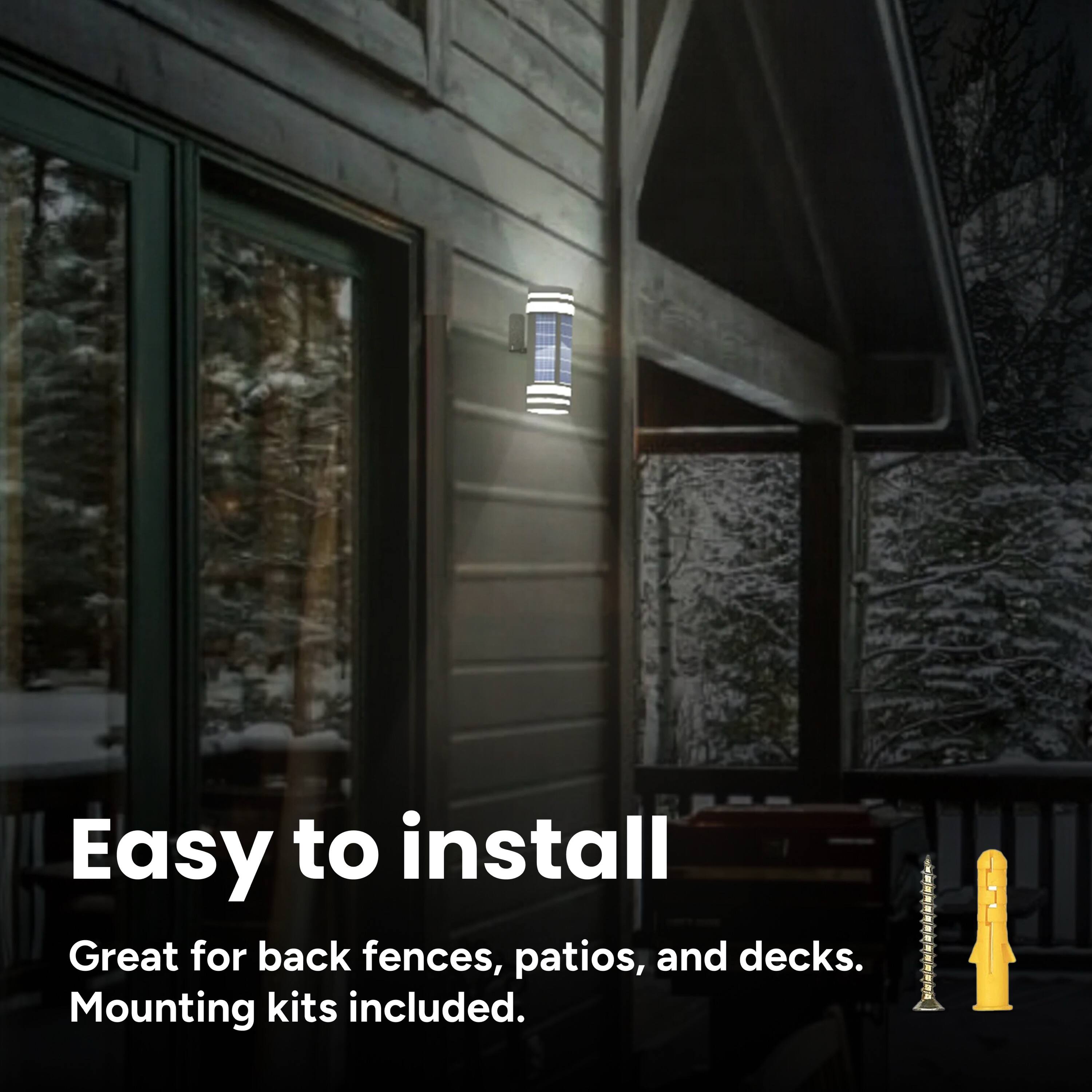 Easy to install. Great for back fences, patios, and decks. Mounting kits included.
