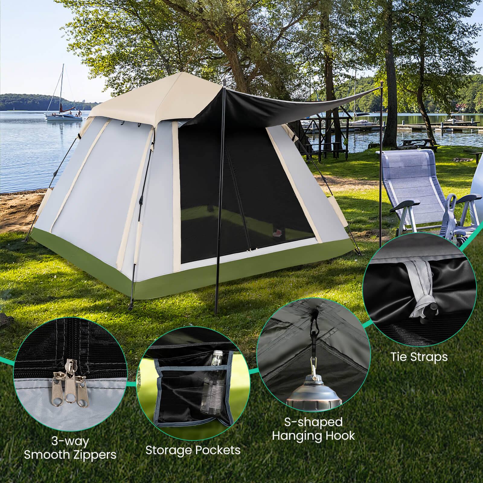The image shows a tent with a green and white color scheme, surrounded by a grassy area. The tent is set up on a grassy field near a lake, providing a picturesque view. The tent is equipped with various features, including tie straps, a 3-way smooth zipper, storage pockets, and an S-shaped hanging hook. These features make the tent a versatile and comfortable outdoor shelter for camping and other activities.