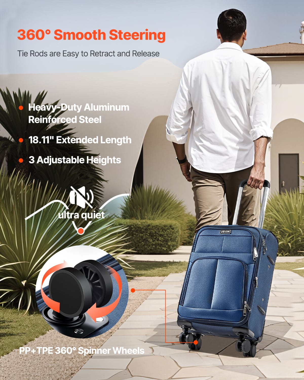 360° Smooth Steering
Tie Rods are Easy to Retract and Release
- Heavy-Duty Aluminum Reinforced Steel
- 18.11" Extended Length
- 3 Adjustable Heights
ultra quiet
PP+TPE 360° Spinner Wheels