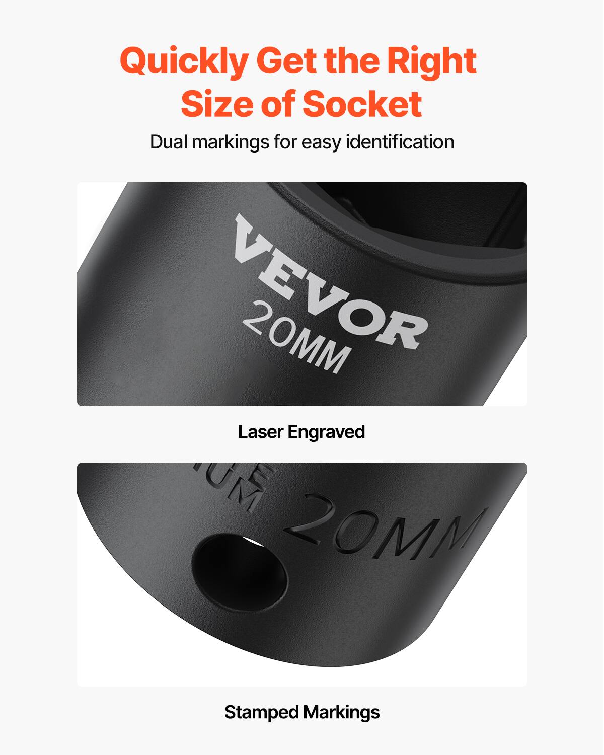 Quickly Get the Right Size of Socket, Dual markings for easy identification, VEVOR 20MM, Laser Engraved, UM 20MM, Stamped Markings