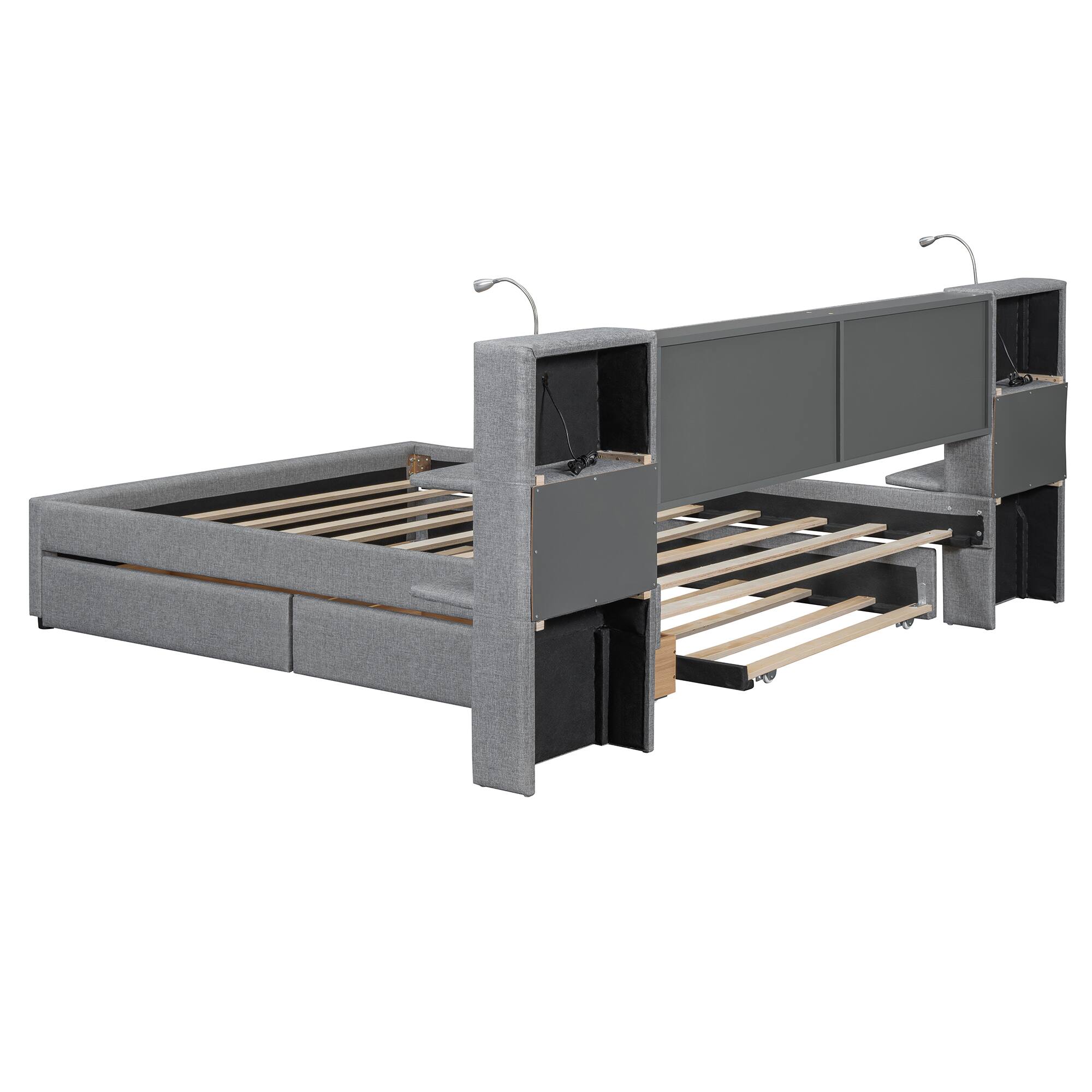 Alt View 8. Tiramisubest - Queen Size Upholstered Platform Bed with Reading Lights, Drawers, Trundle and Shelves, Gray - Gray.
