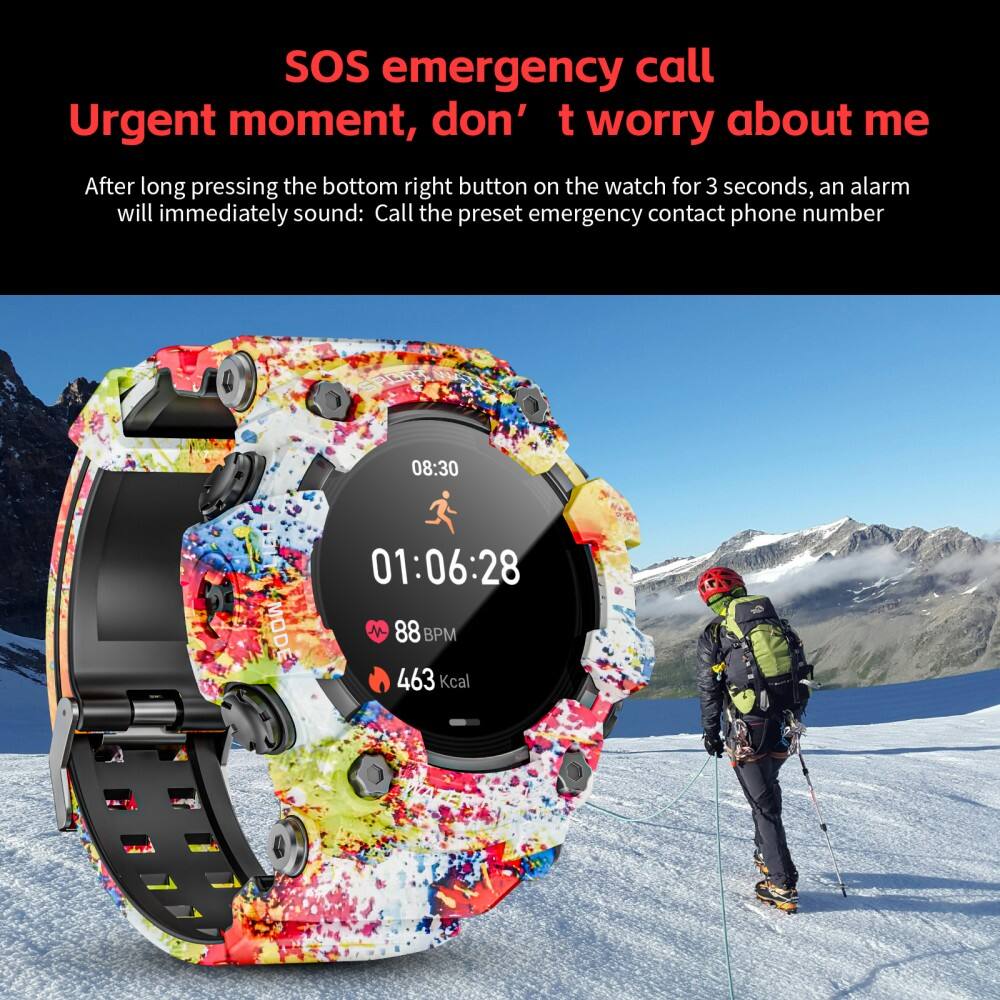 SOS emergency call  
Urgent moment, don't worry about me  

After long pressing the bottom right button on the watch for 3 seconds, an alarm will immediately sound: Call the preset emergency contact phone number  

08:30  
01:06:28  
88 BPM  
463 Kcal