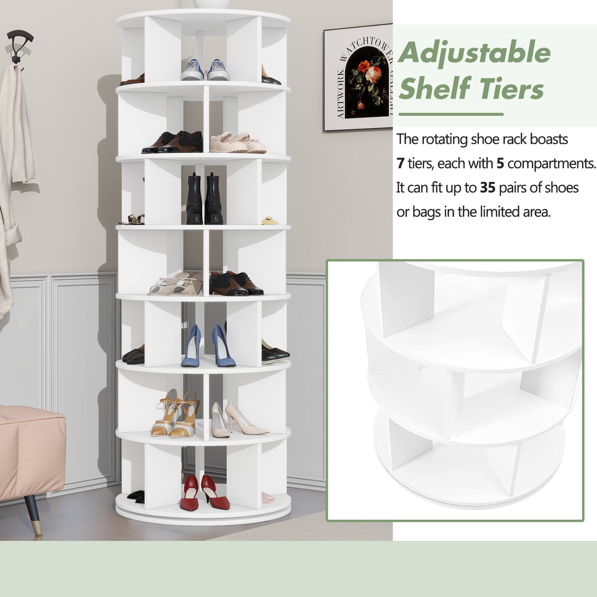Adjustable Shelf Tiers

The rotating shoe rack boasts 7 tiers, each with 5 compartments. It can fit up to 35 pairs of shoes or bags in the limited area.