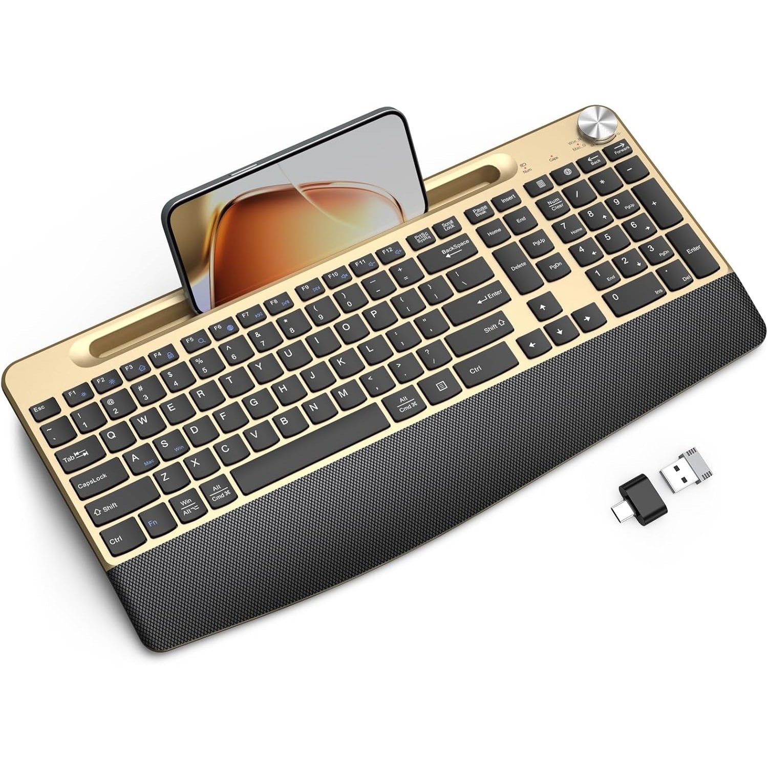 PARKER SLATER - Ergonomic wireless keyboard with wrist rest, phone/tablet holder, quiet keys, full-size layout - Black Gold