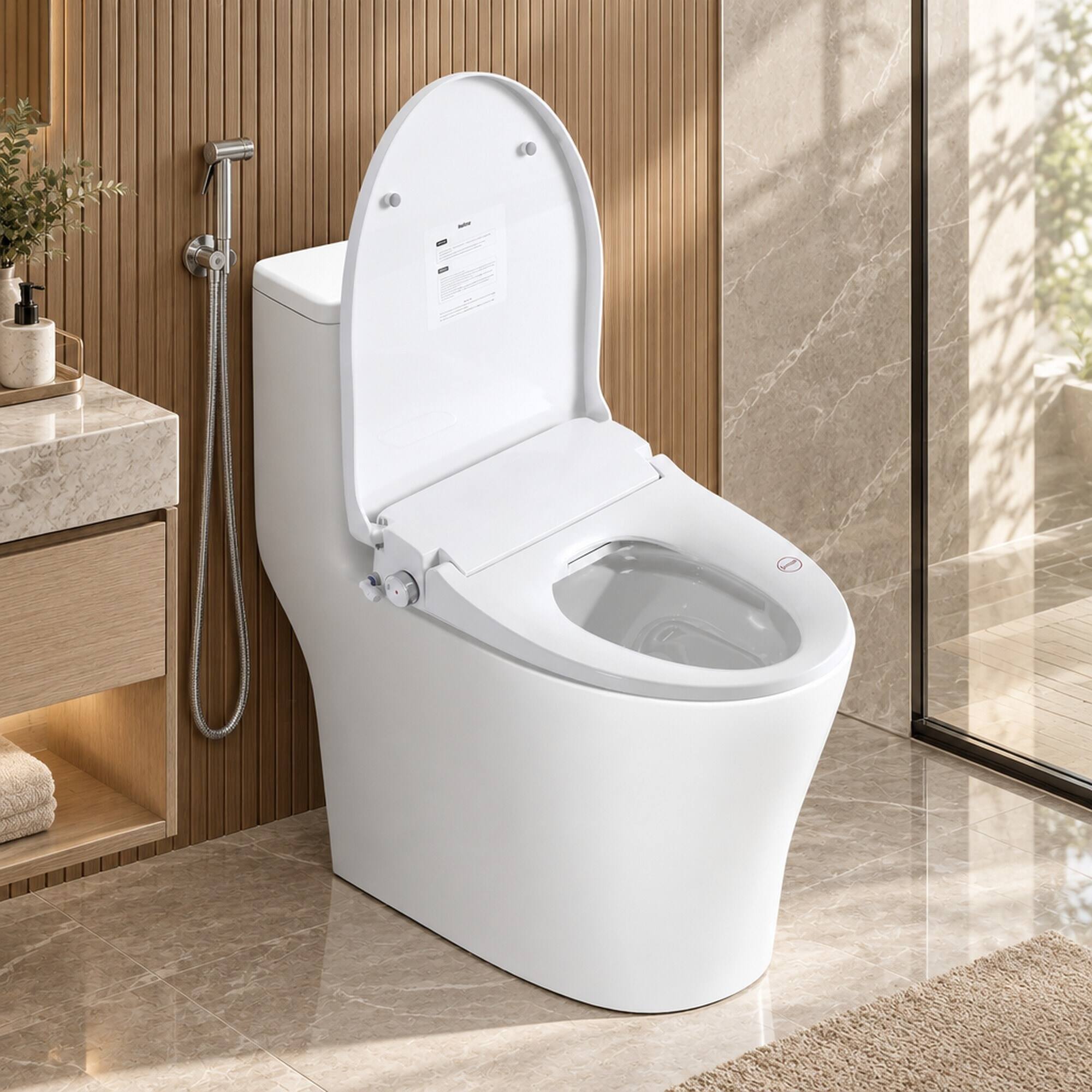 Angle. RYHNUYNE - Smart Bidet Toilet Seat, Side Knob Heated Seat Water Temperature and Pressure Adjustment Automatic Nozzle Cleaning - White.