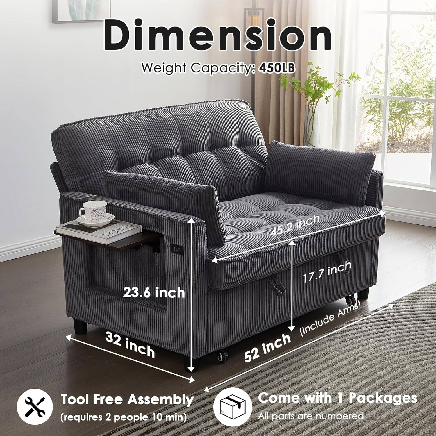 **Dimension**  
Weight Capacity: 450LB  

- 52 inch (Include Arms)  
- 45.2 inch  
- 32 inch  
- 23.6 inch  
- 17.7 inch  

Tool Free Assembly (requires 2 people 10 min)  

Come with 1 Packages  
All parts are numbered