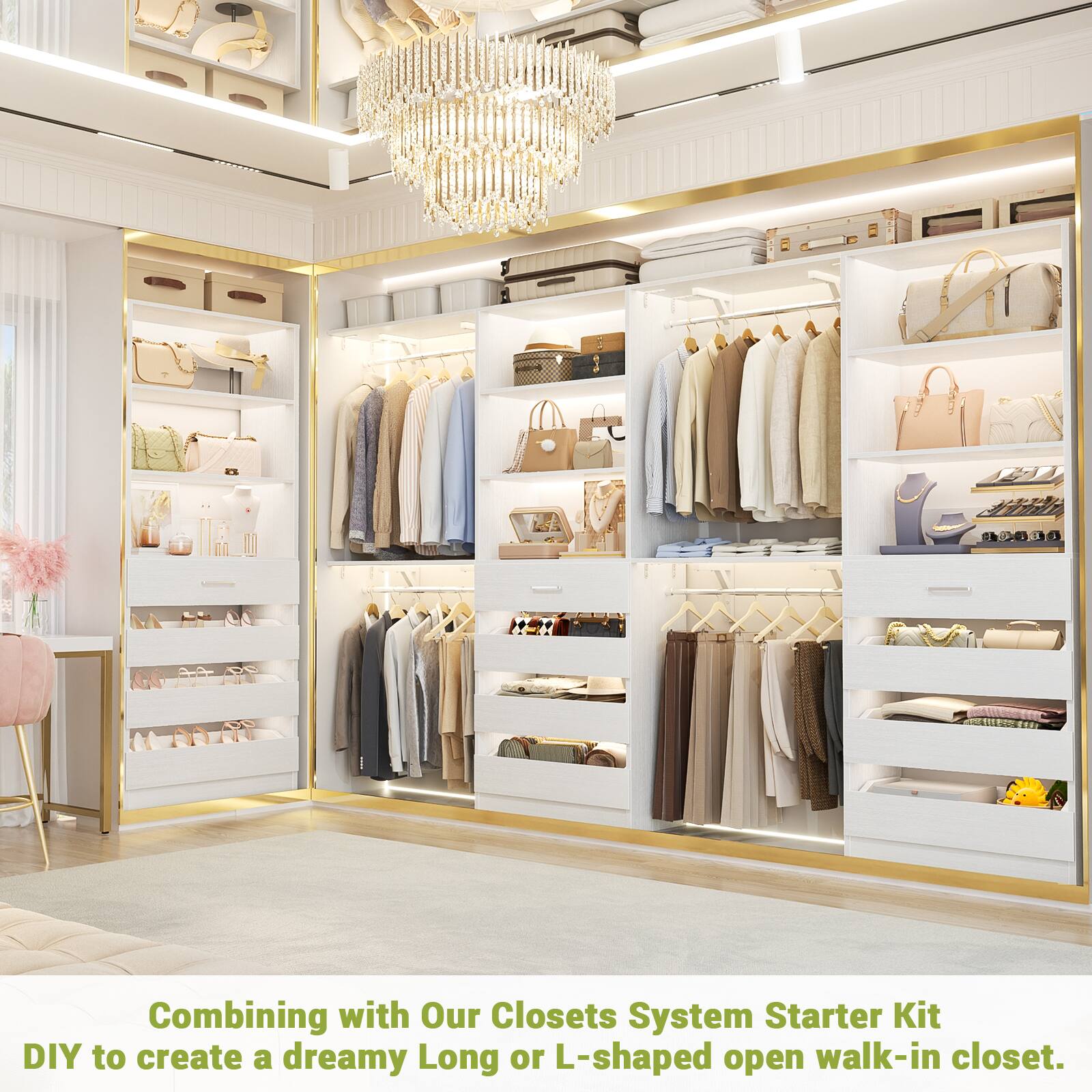 Combining with Our Closets System Starter Kit DIY to create a dreamy Long or L-shaped open walk-in closet.