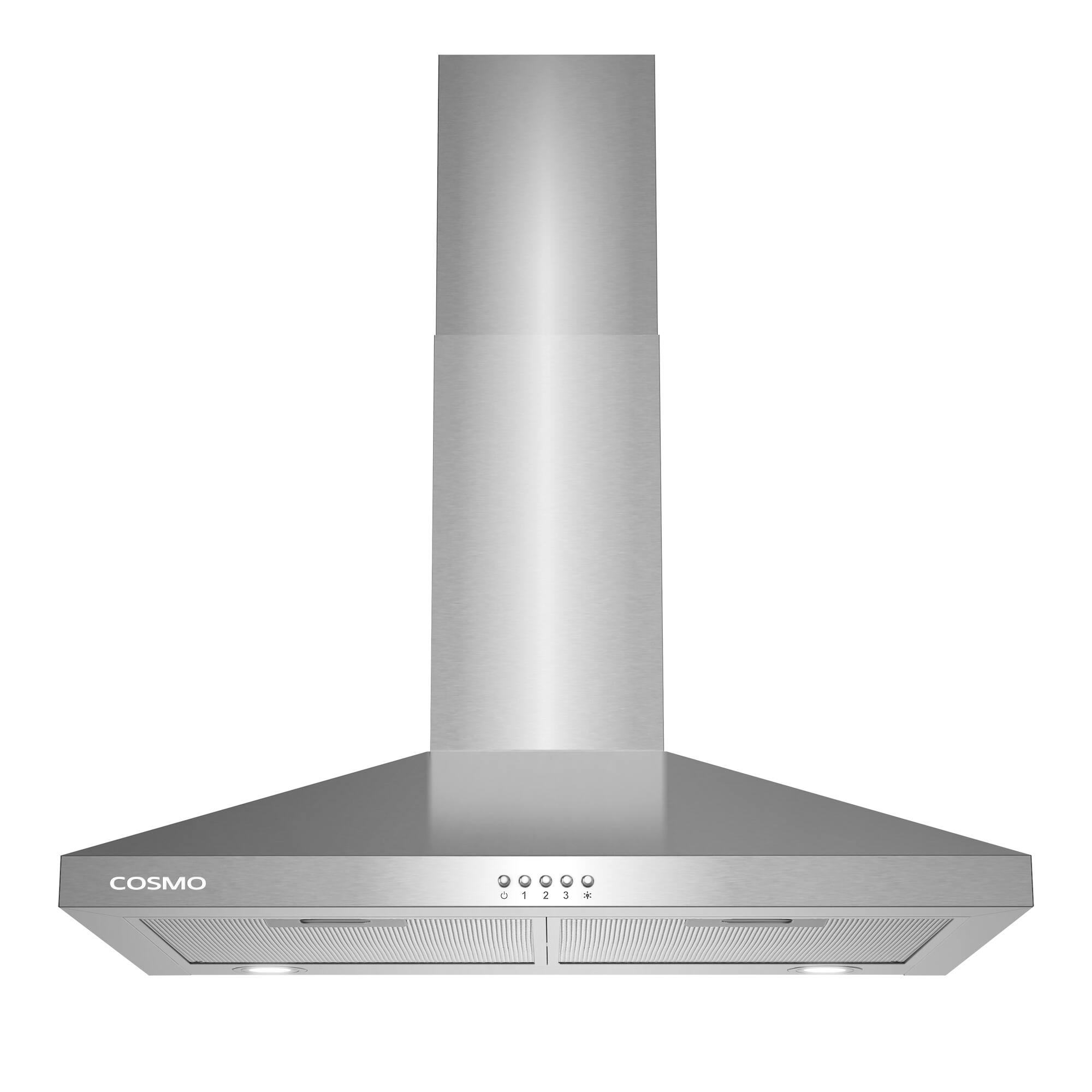 Front. COSMO - 30 in. Nebula Collection 250 CFM Ducted Wall Mount Range Hood, Button Control, LED Lights, Mesh Filters - Stainless Steel.