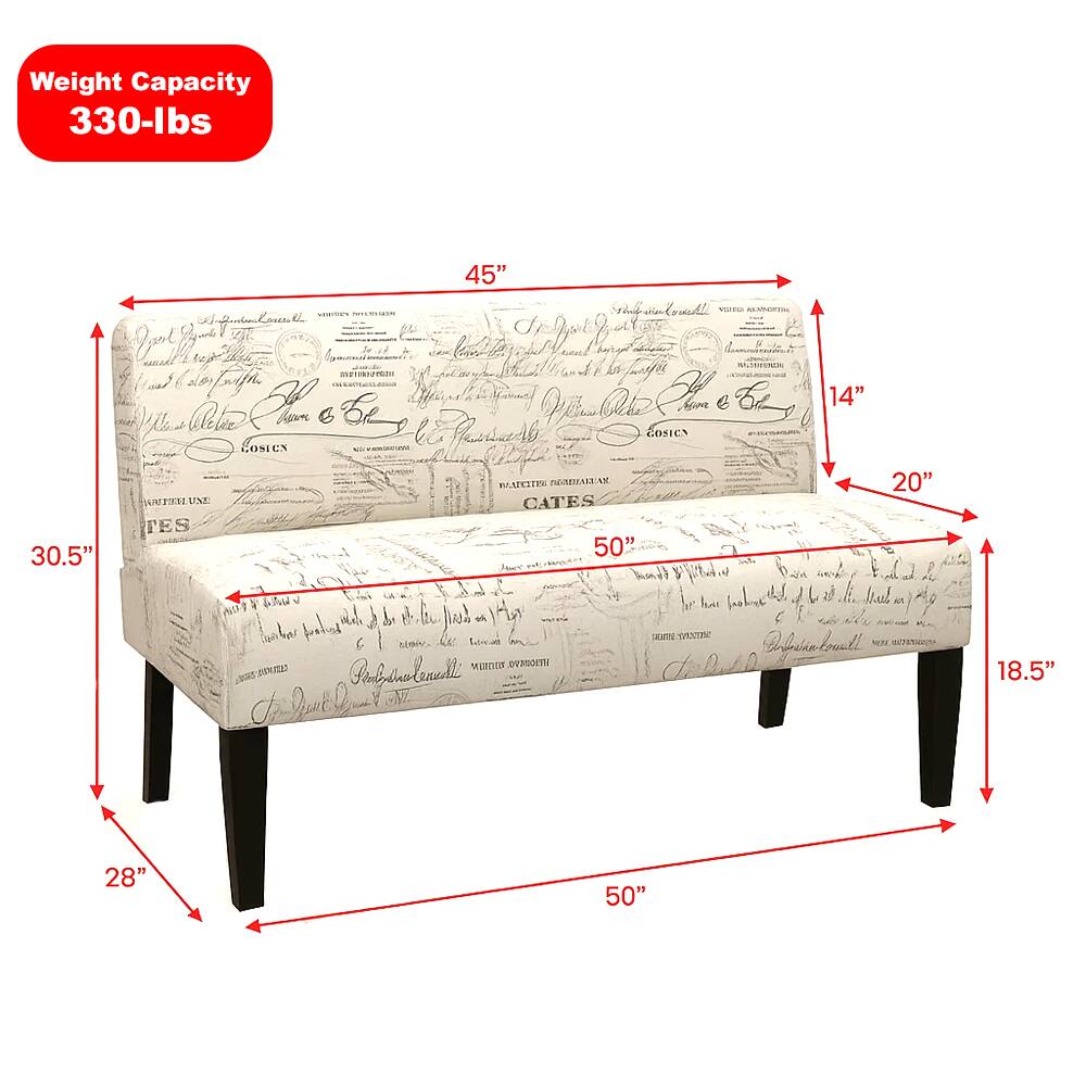 Weight Capacity: 330-lbs

Dimensions:
- Length: 50"
- Width: 28"
- Height: 30.5"
- Seat Height: 18.5"
- Back Height: 45"
- Depth: 20"
- Armrest Height: 14"