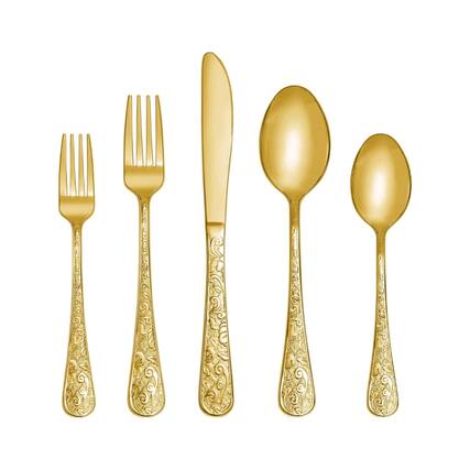 Front. Furno Fusion - Modern Embossed Vintage Carved Flatware Cutlery - Gold.